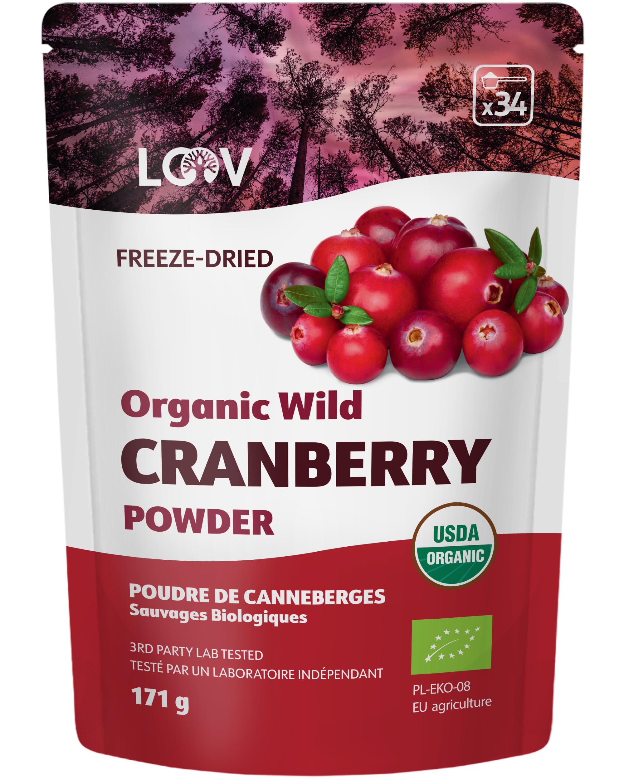 Wild Organic Freeze Dried Cranberry Powder, 6 Oz, 35-Day Supply, from Nordic Forests, No Added Sugar