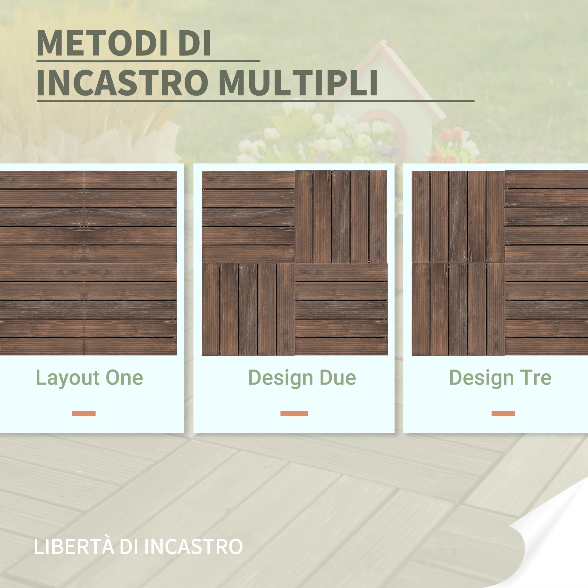 Outsunny Piastrelle per Esterni Pavimento da Giardino in Legno, Set da 27 Pezzi, 2.5m², Montaggio a Incastro, 30x30cm, Nero