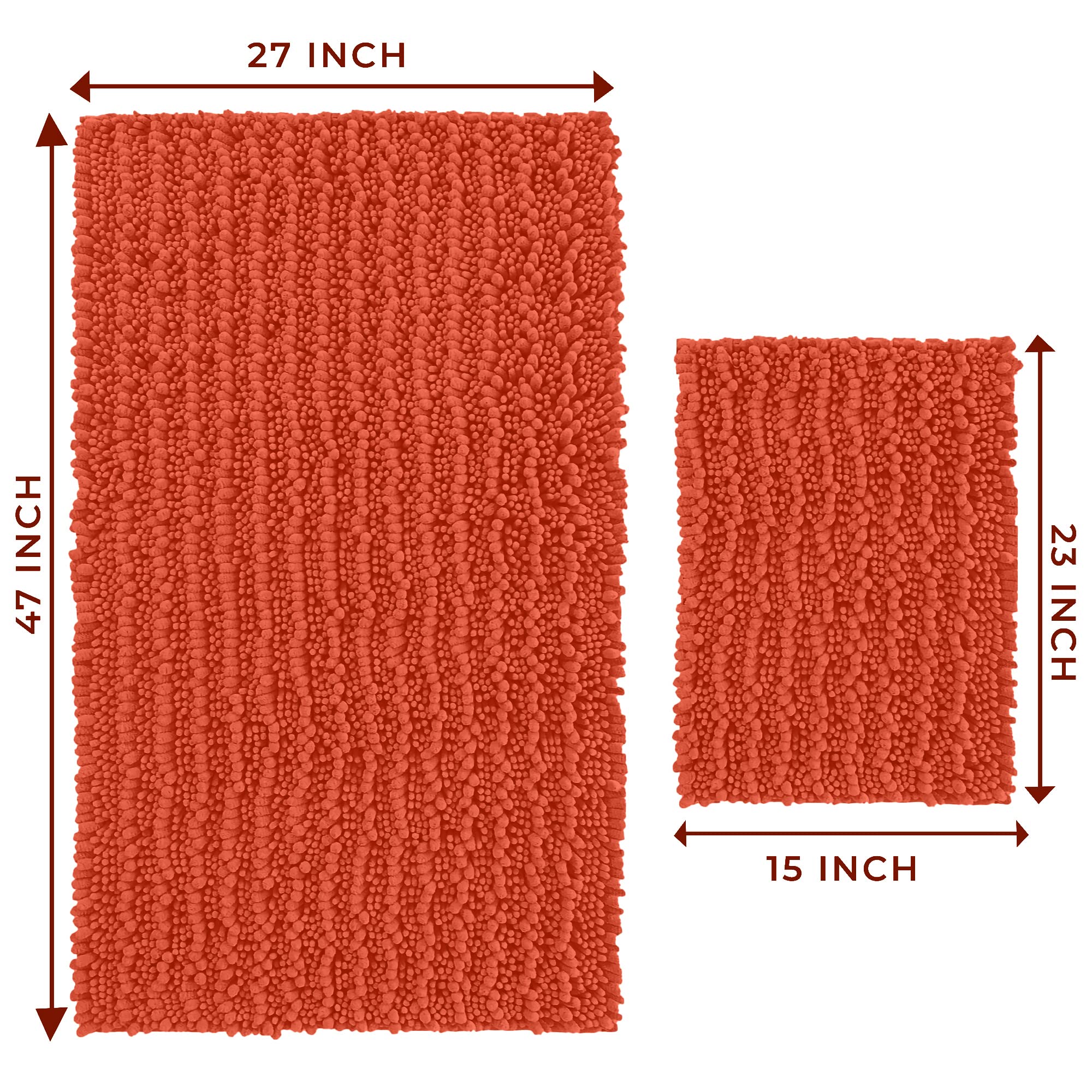 Zebrux Non Slip Thick Shaggy Chenille Bathroom Rugs, Bath Mats for Bathroom Extra Soft and Absorbent - Striped Bath Rugs Set for Indoor/Kitchen (15 x 23 + 27 x 47'', Coral)