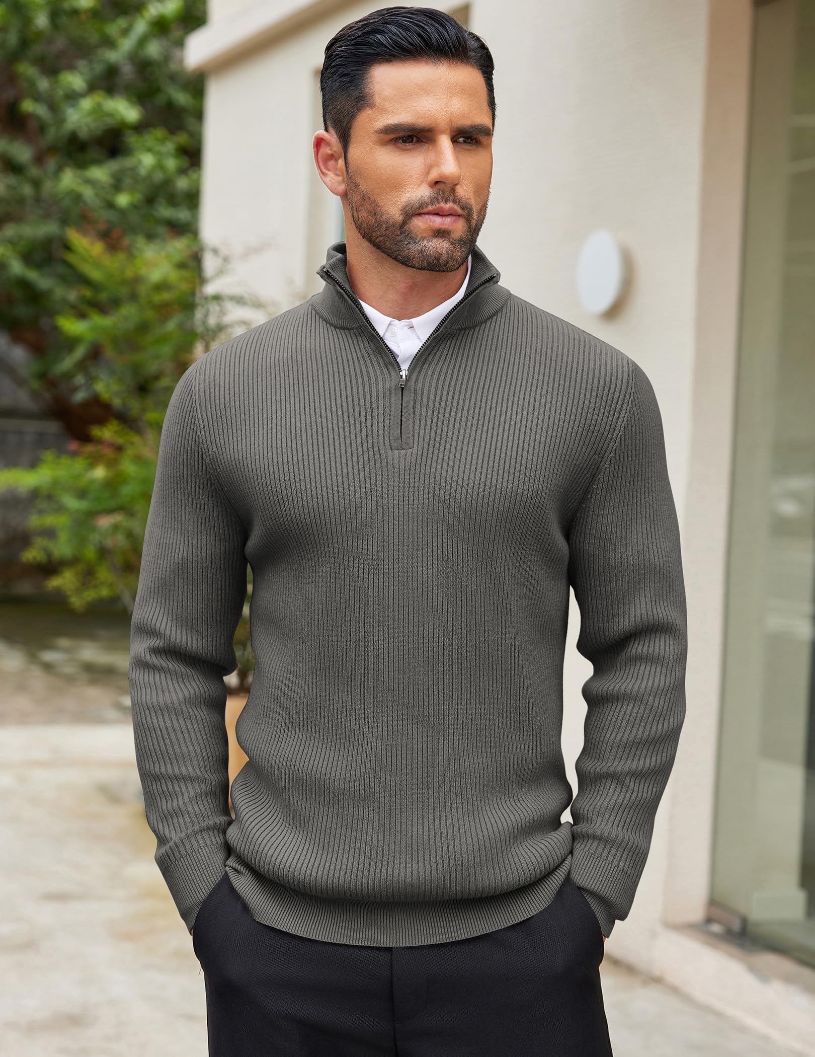 COOFANDY Jersey Hombre Invierno Suéter Cuello Alto Regular Fit Jersey de Canalé con Cremallera de un Cuarto Suéteres de Punto