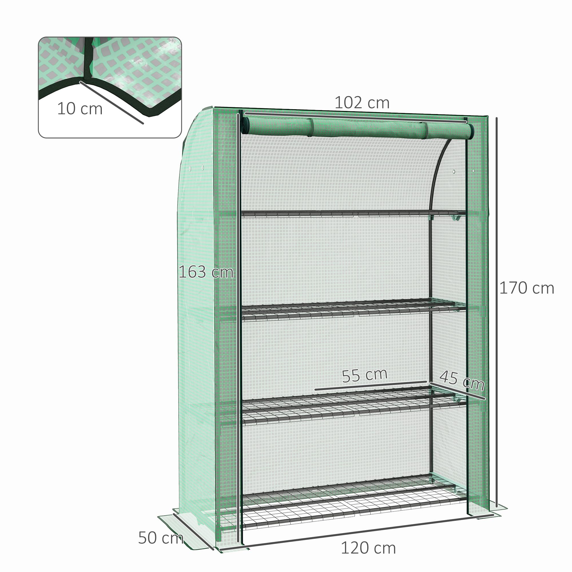 Outsunny Mini serra da giardino per balconi a 4 livelli con struttura in acciaio e telo in PE rinforzato, porta avvolgibile portatile per interni ed esterni, 120 x 50 x 170 cm, verde