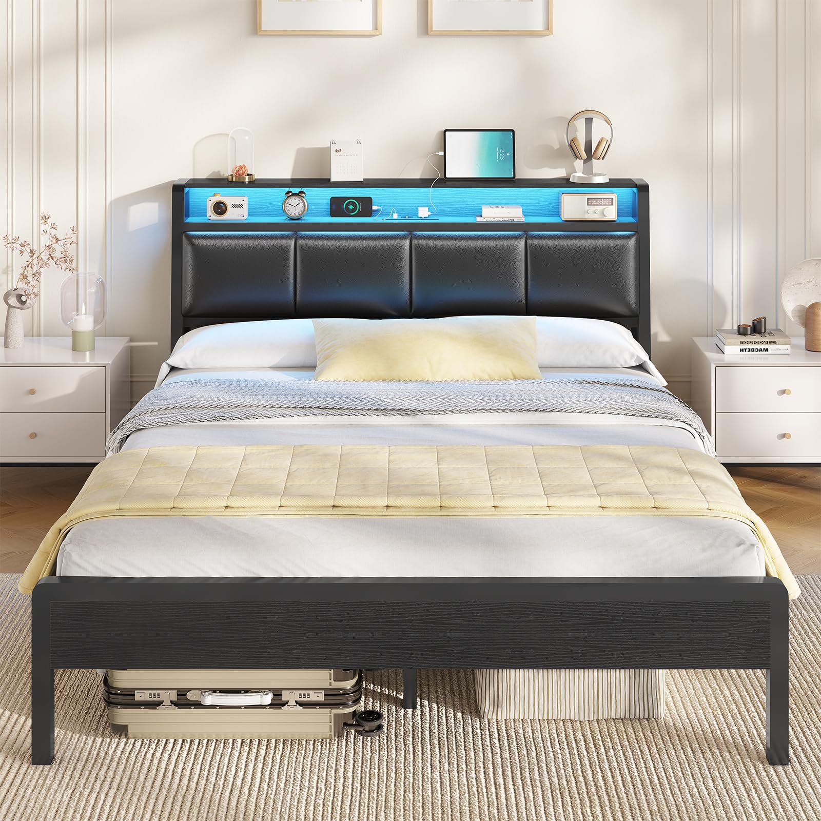 KIMENICH Bett 160 x 200, Bett mit LED-Beleuchtung, Polsterbett 160x200, Ladestation, Bettgestell mit Lattenrost, für Schlafzimmer, Gästezimmer