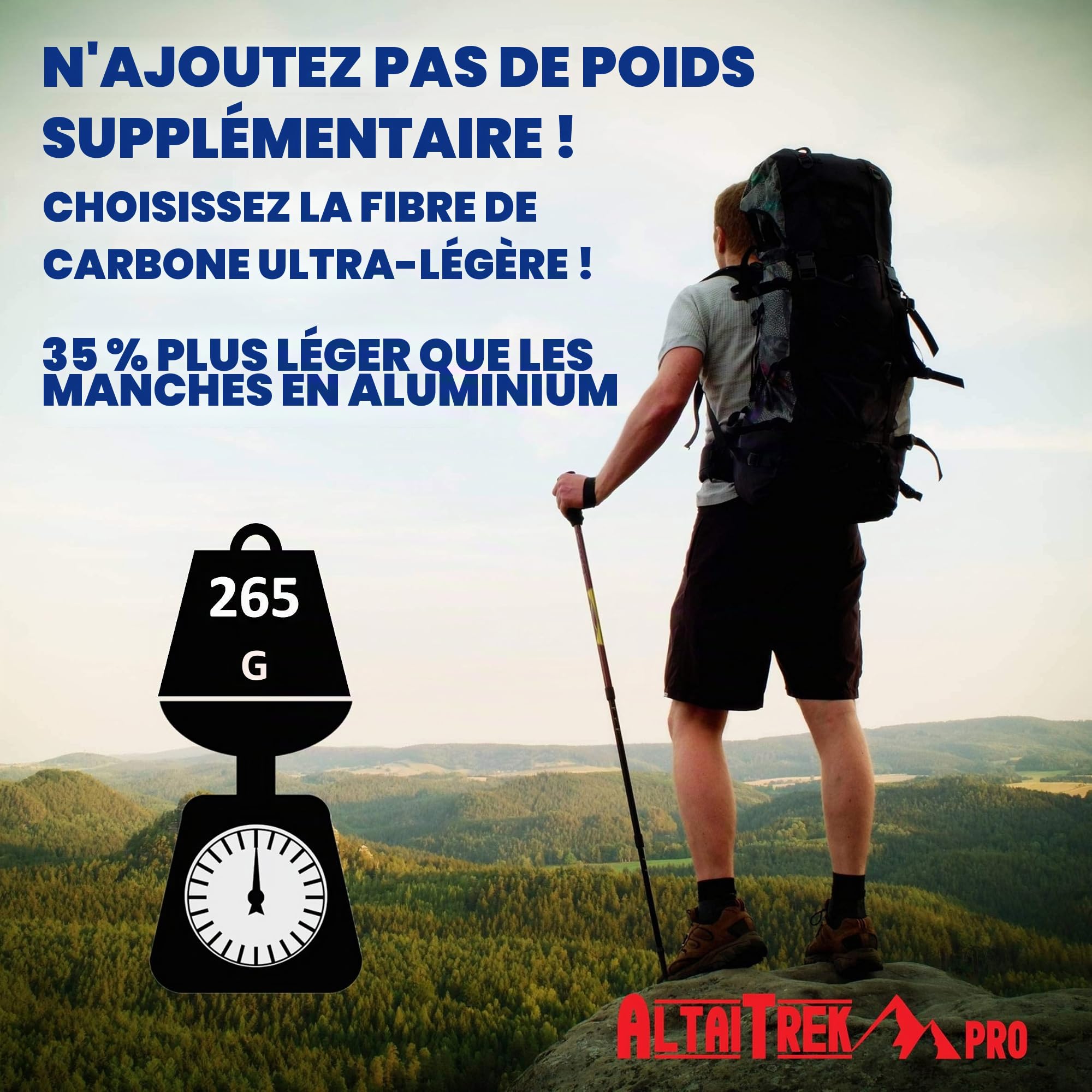 Bâtons de randonnée Pliables en Fibre de Carbone ALTAITREK PRO avec système de Verrouillage Rapide, ultralégers pour la randonnée, Le Camping en Montagne. Poignée en liège Naturel. Paire