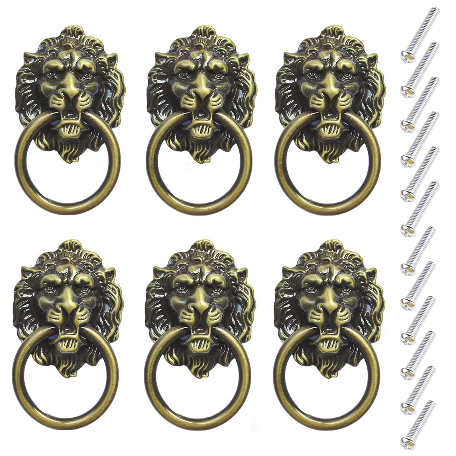 Yankmoom Bronze 6 Pack Lion Head Knob Pull Handle Metal Drawer Pull Ring For Dresser Drawer Cabinet Jewelry Box,Antique Door Pulls Handle (Bronze)