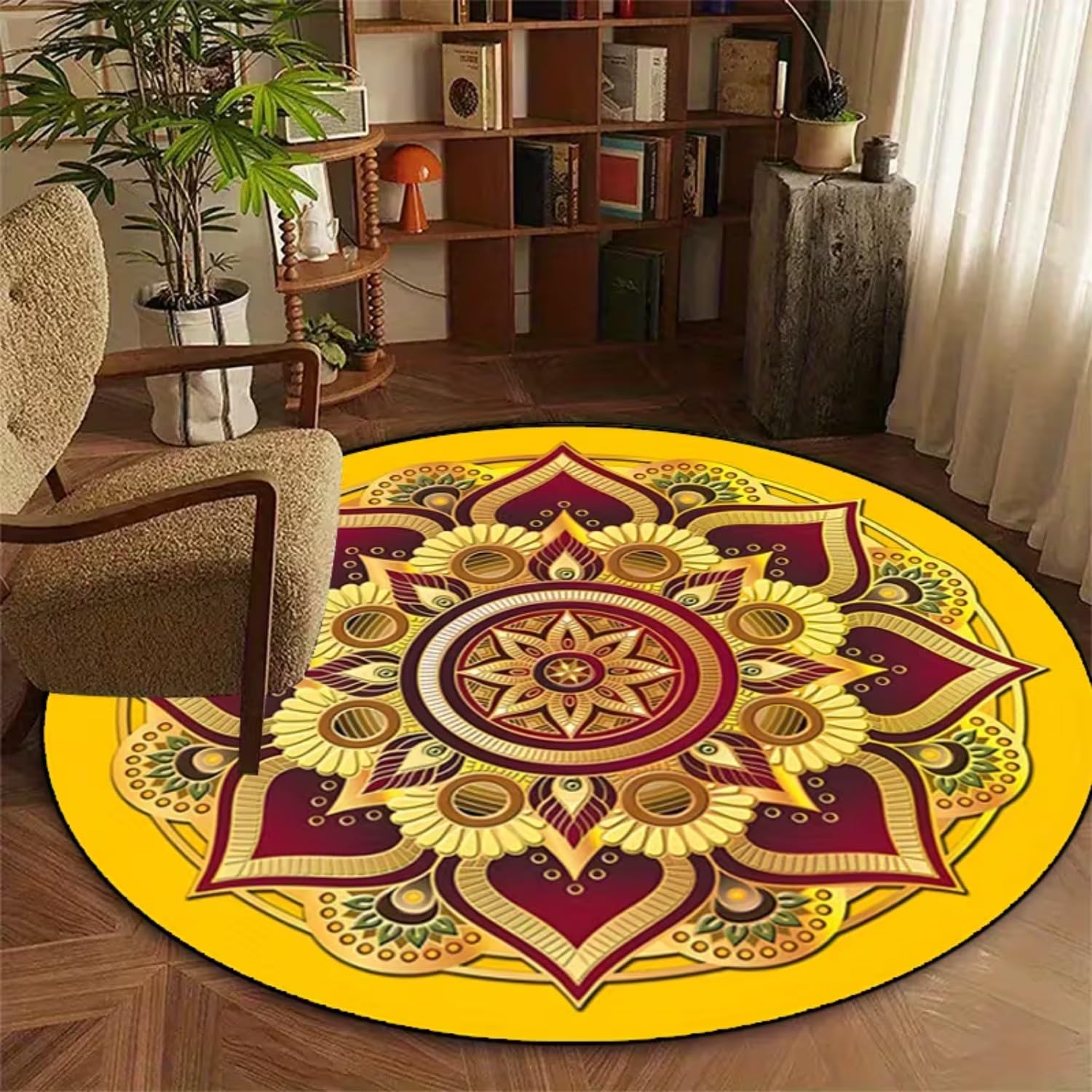 Mandala Rund Teppiche, 100x100cm Gelber, Runder Teppich im Boho Stil Wohn Schlafzimmer, Vintage Teppich Indischen Geometrischen Design, Weicher, Rutschfester, Waschbarer Kurzflorteppich