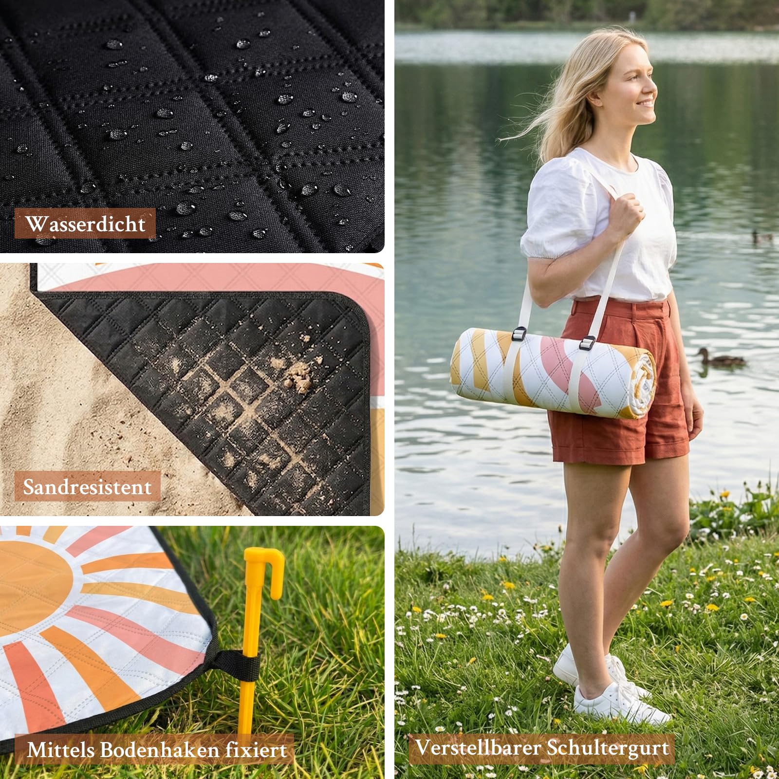 TXBOBECO Picknickdecke 200x200cm XXL, Stranddecke Wasserdicht Sandfrei, Outdoor Camping Decke mit Tragegriff & Heringen, für Picknick, Camping, Park, Garten - Sonne