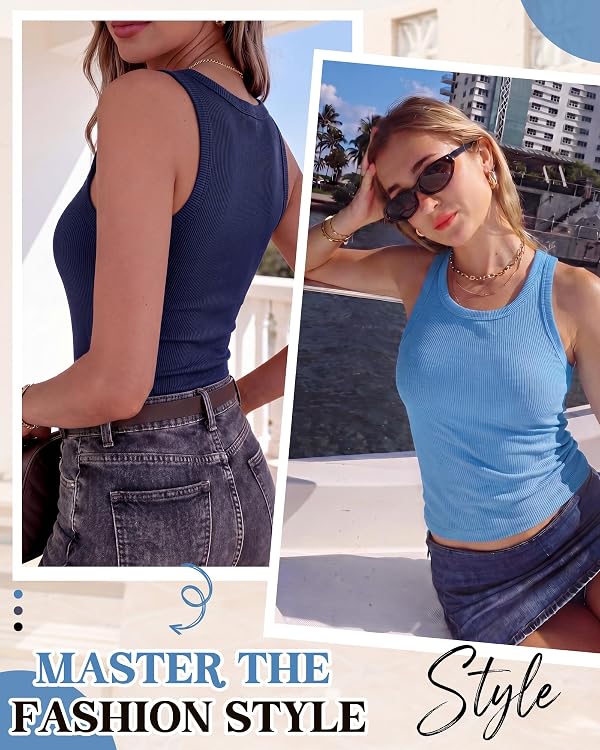 Shyyween 3 Pack Built in Bra Tank Tops for Women Sleeveless Casual Shirts Ribbed Racerback Crew Neck Tank Top Fitness Workout(M,Black, Navy Blue, Blue) by Shyyween - Image 5