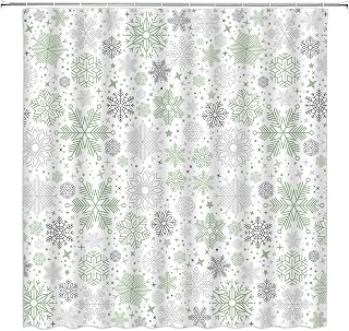 Snowflake Shower Curtain Christmas Merry Christmas Winter Holiday Gray Sage Green Snowflake Vintage Rustic Vintage Fabric Bathroom Curtain Sets with Hooks