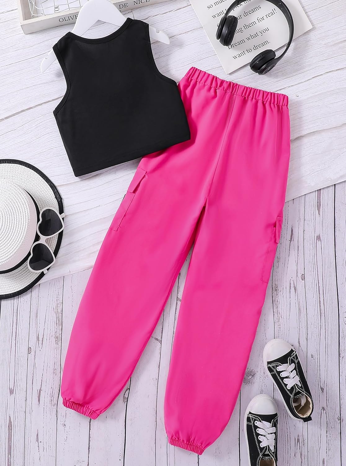 Hilinker Girl's Summer 2 Piece Outfits Sleeveless Crop Tank Top and Cargo Pants Set - Image 2