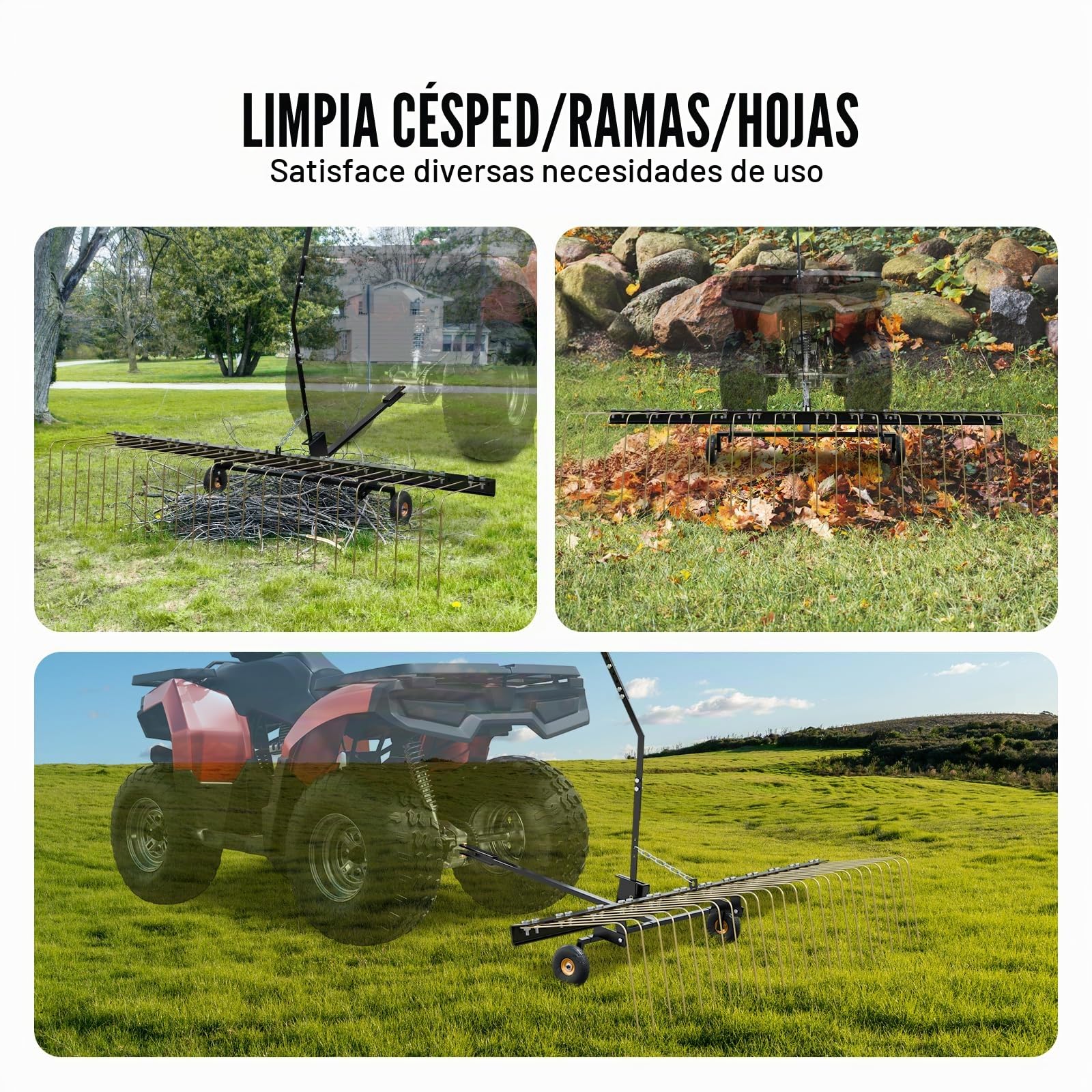 VEVOR Escarificadora de Remolque detrás de 1500 x 1600 x 1900 mm con 24 Púas de Acero Q235, Rastrillo de Césped para ATV o Cortacésped, con Mango de Elevación para Hojas, Agujas de Pino y Hierba