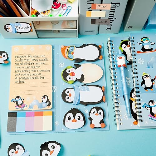 Miniatura 5 de B1ykin Juego de 3 cuadernos de pingüinos con notas adhesivas de papelería, cuadernos en espiral A5 y 550 hojas de notas adhesivas con pingüino de