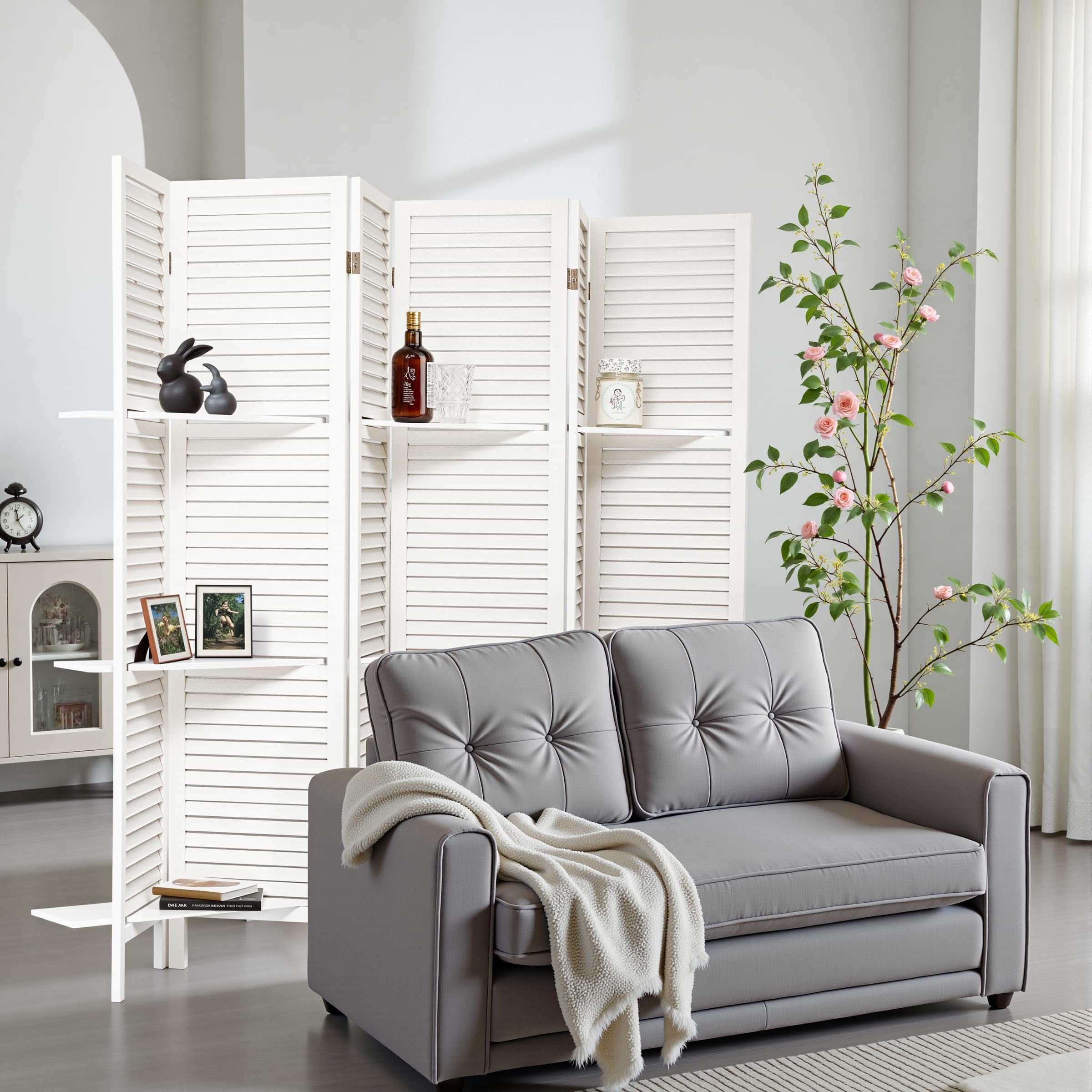 Osparple Room Divider with Shelves 6 Panel Wooden Folding Room Dividers Privacy Screen Wall Divider for Room Separation for Office and Apartment, Elegant White