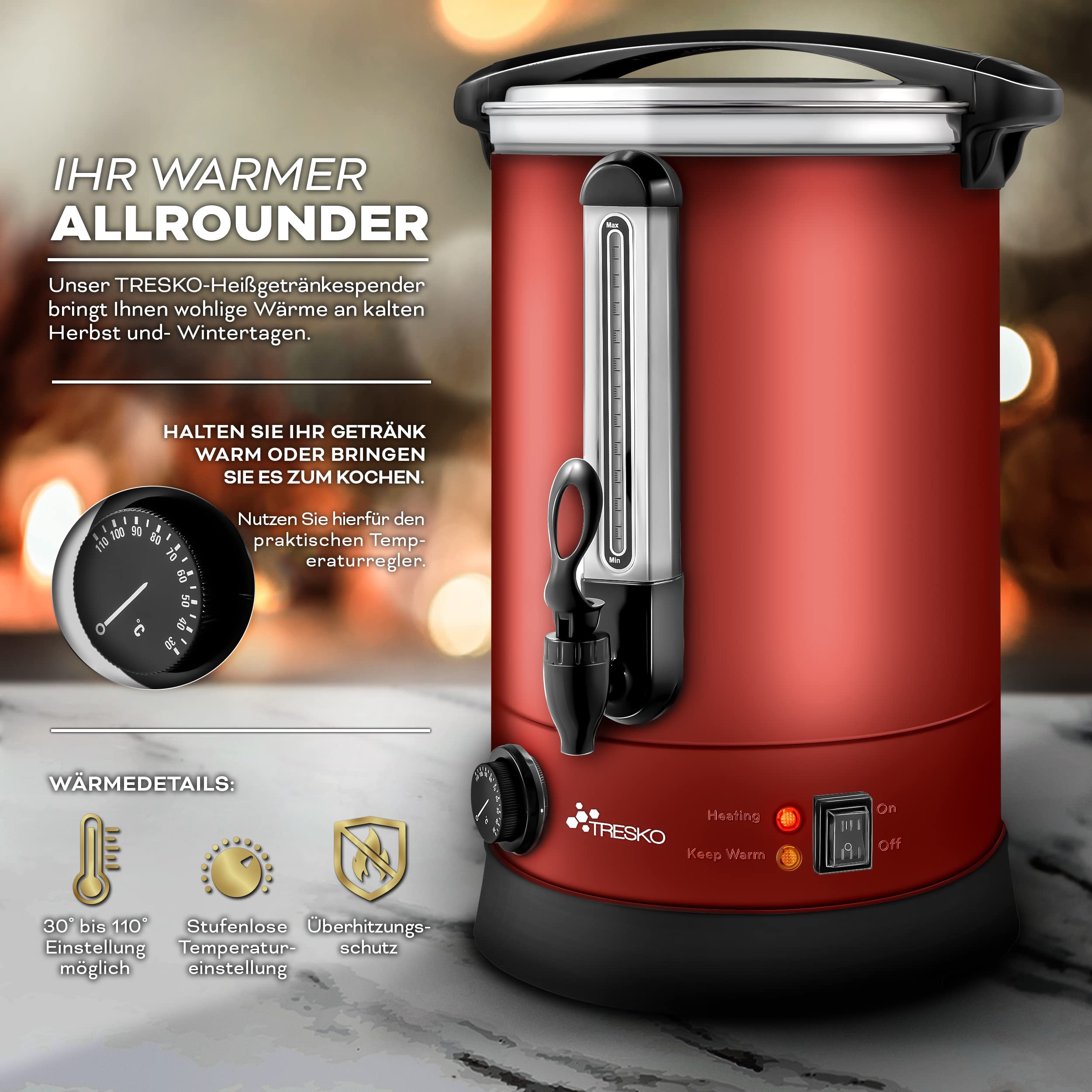 TRESKO® Distributeur de Boissons Chaudes et/ou Vin 10L / 1500W | Chaud Autocuiseur Minuteur en INOX | Chauffe-boissons | Appareil Chauffe d'Eau