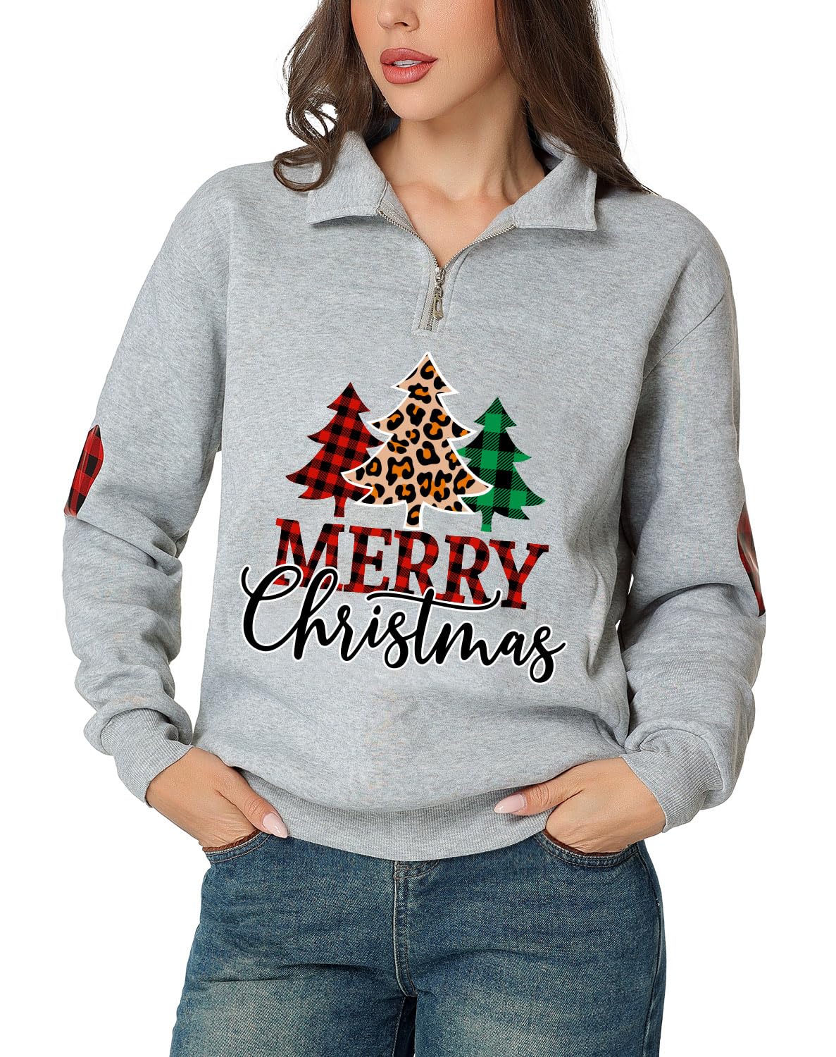 Glimnerize Christmas Womens Tops Sweatshirt Christmas Jumper Gnome Funny Graphic 1/4 Zip Standing Collar Hoodie Grey-A3 XXL