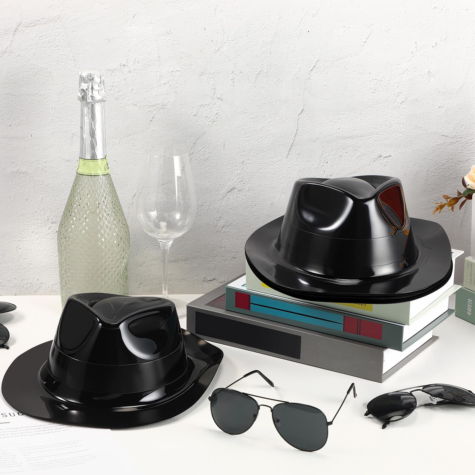 Mepase 48 piezas de suministros de fiesta de neón, 24 sombreros de vestir negros con 24 pares de gafas para adultos, fiesta, boda, carnaval, disfraz de los años 20, Negro -, talla única