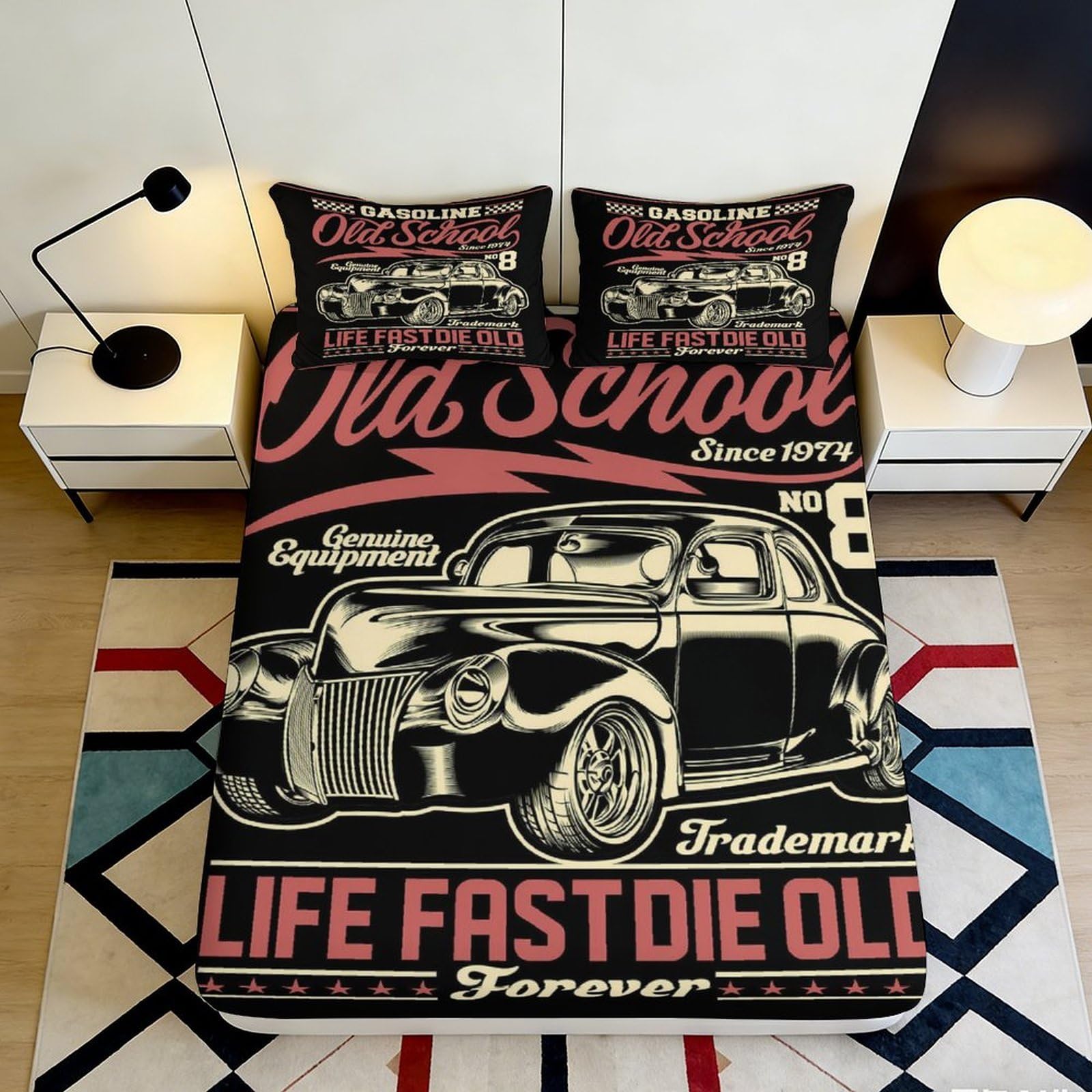 Uxinyoume Style-1 3D Printed Vintage Car Fitted Sheet Microfiber Black Retro Typography Bed Cover For Bedroom Dorm Mattress Protection Decor 90X200x25cm