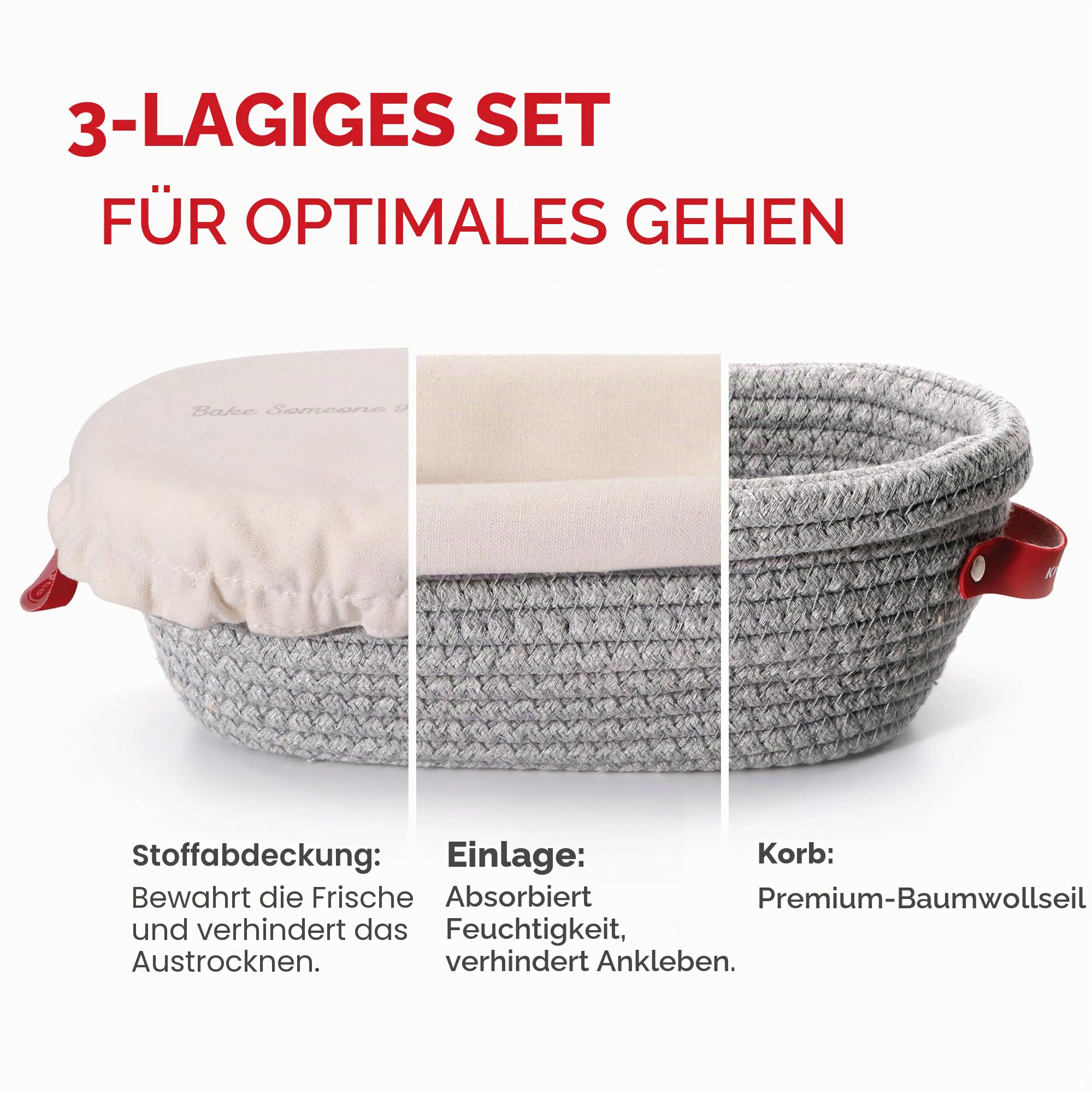KneadAce Banneton Brotgärkorb-Set aus Baumwollseil, 2 x ovaler Brotkorb mit Einlagen und Abdeckungen für handwerkliches Brotbacken, Sauerteigbrot Backzubehör