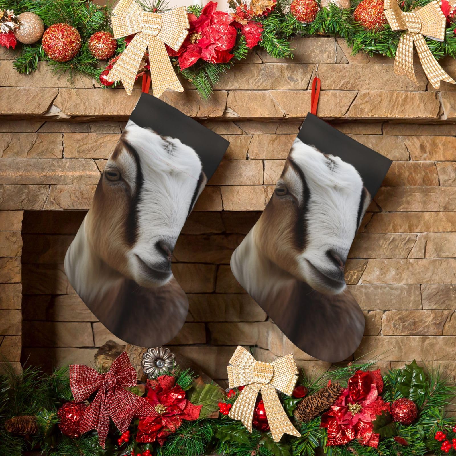 KLOPH Christmas Stockings 18" Personalized Xmas Stocking Animals Goat Decoration Stocking Hanging Fireplace Stocking for Holiday Xmas Tree Christmas Fireplace Decor