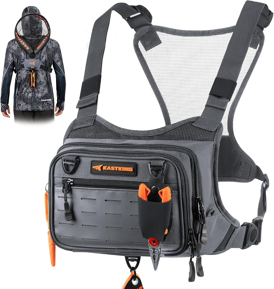 Paquete de cofre de pesca resistente al agua KastKing BaitBoss; Bolsa de pesca para hombre | Estación de trabajo con cremallera de EVA, almacenamiento MOLLE, correas ajustables para el pecho y sistema de almacenamiento multifuncional versátil