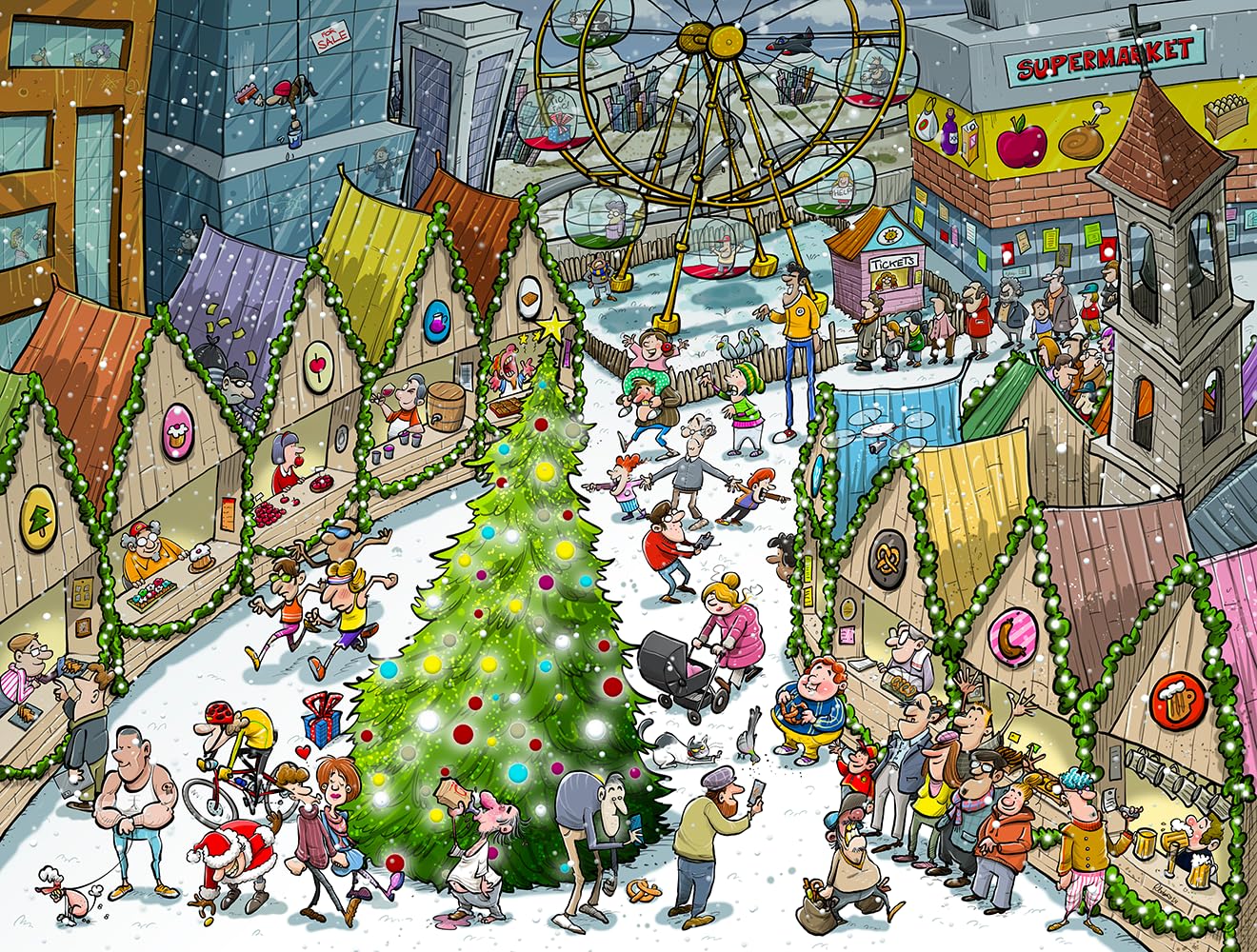 Djigsaw Vu Set - 2 x 1000-Piece Jigsaw Puzzles Featuring Nativity, Classroom Time-Travel & Christmas Market by Ricardo Galvao | Modern & Vintage Cartoon-Style Jigsaws for Adults — image 1