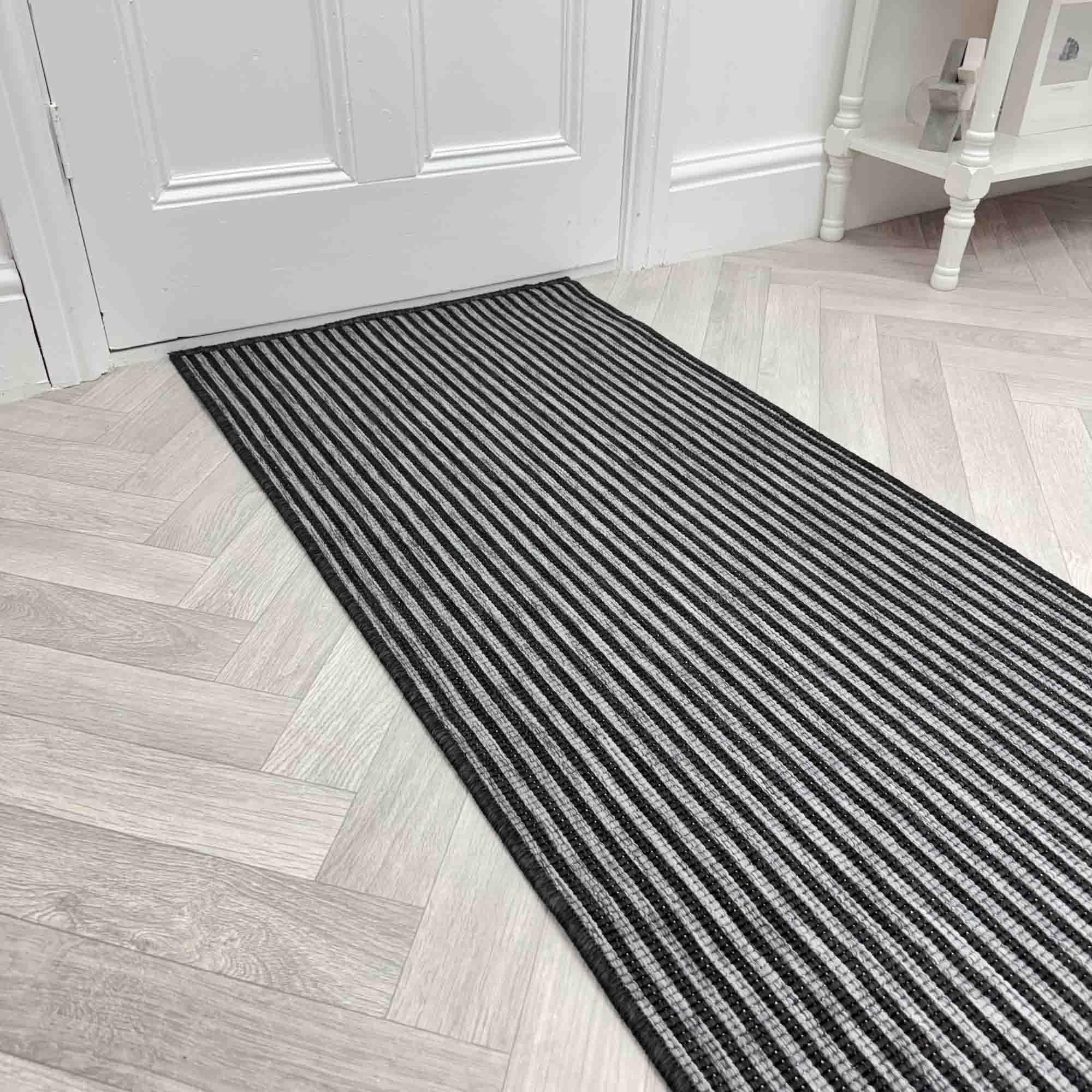 runrug Indoor/Outdoor Hallway Runner Rug - Waterproof Reversible Carpet for Hall, Patios & Garden - Stain-Resistant, Durable & Pet-Friendly - 360cm x 70cm - 2mm Thick - Pinstripe, Black