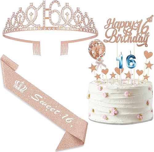 Juego de decoraciones de cumpleaños número 16 para niñas banda de cumpleaños con diamantes de imitación de oro rosa, corona, velas, adornos para