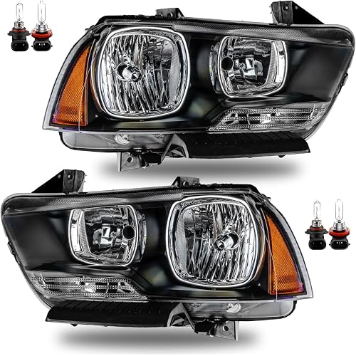 Headlight Assembly w/Bulbs Compatible with 2011-2014 Dodge Charger OE Halogen Headlamp Black Housing Amber Reflector Replacement Driver and Passenger Side