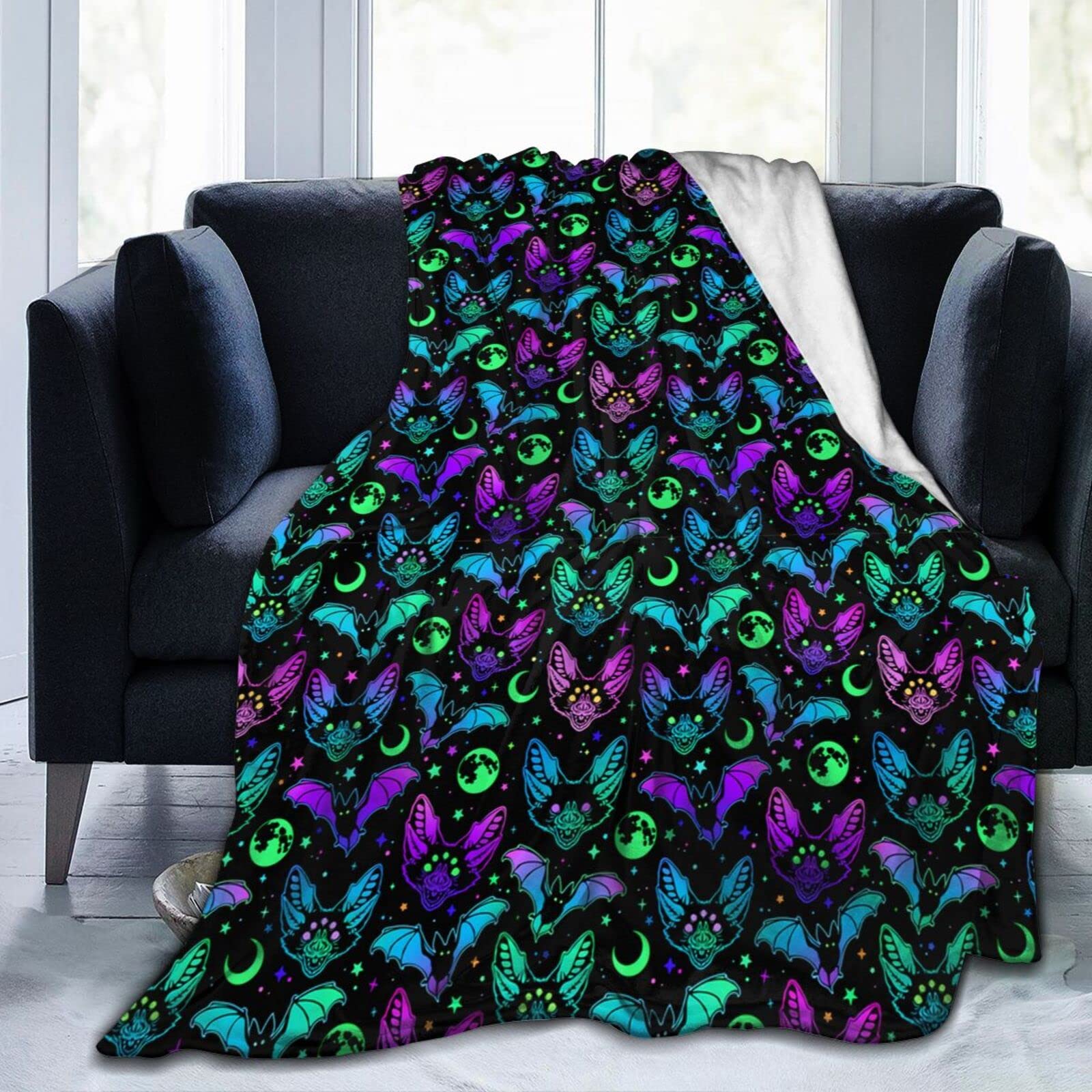 Lsjuee Bright Bats Throw Blanket Warm Cozy Blankets Lightweight Soft Cozy Flannel Funny Halloween Blanket for Sofa Couch Bed Home Decoration 80"X60"