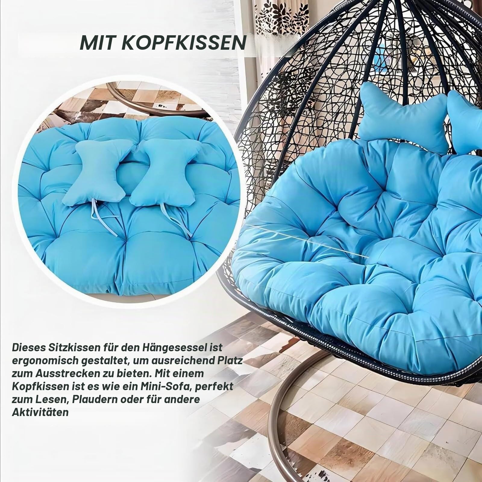 Sitzkissen für 2-Personen-Hängemattenschaukelstühle, Ersatzkissen für Doppelsitzer-Eierstuhl, wasserdichte 2-Sitzer-Kissen für Hängekorbstühle, Nur Kissen(F,150 * 110cm/59 * 43in)