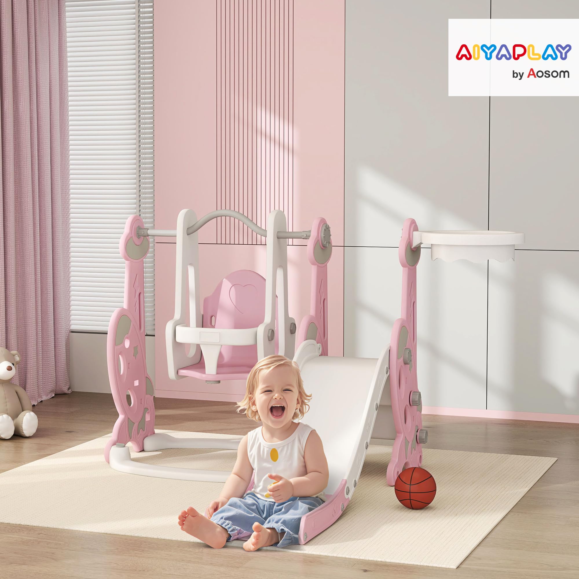 AIYAPLAY Tobogán Infantil 4 en 1 Parque Infantil con Columpio y Tobogán Escalador Aro de Baloncesto Temática de Cohete para Interior Rosa y Blanco
