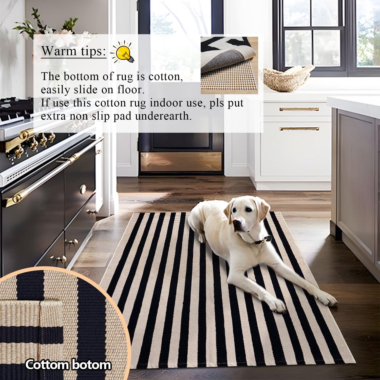 Indoor Outdoor Rug 3x5 Front Door Mat Outdoor Cotton Welcome Mat Outdoor Farmhouse Layered Mat Washable Stripe Outdoor Mats for Entrance Front Door Porch Balcony(Black/Tan) — view 6