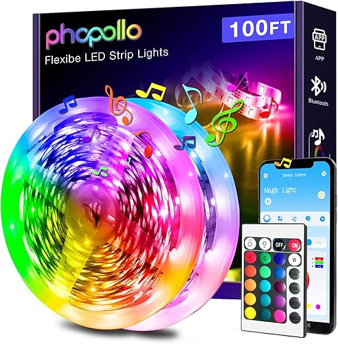 phopollo Tira de luces LED Bluetooth de 100 pies (2 rollos de 50 pies), luces LED RGB que cambian de color para dormitorio, decoración de cocina,