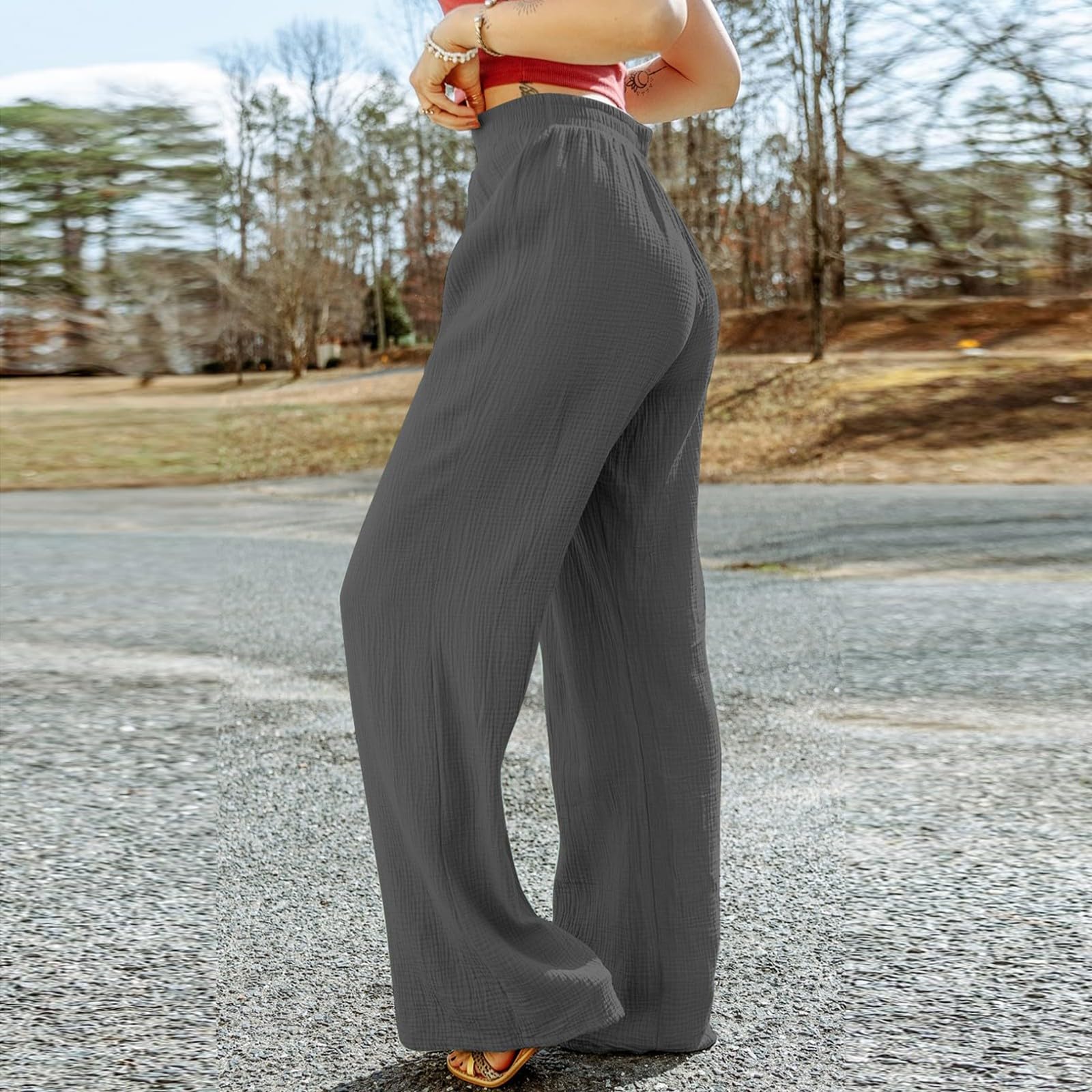 eoeioa Hose mit weitem Bein für Damen, elegante Knopfleiste, hohe Taille, Business-Hose, Sommer, Freizeit, Arbeit, Strand, Hose mit Tasche