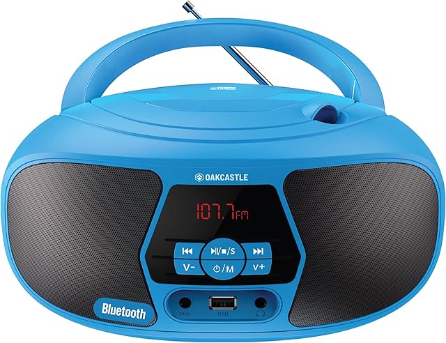 BX200 Portable CD Player Boombox | Bluetooth, FM Radio, USB & Aux Playback | 2.0 Stereo Sound | 15hr Battery Playtime | Headphone Jack, Simple Controls, LED Display, Oakcastle, Blue.
