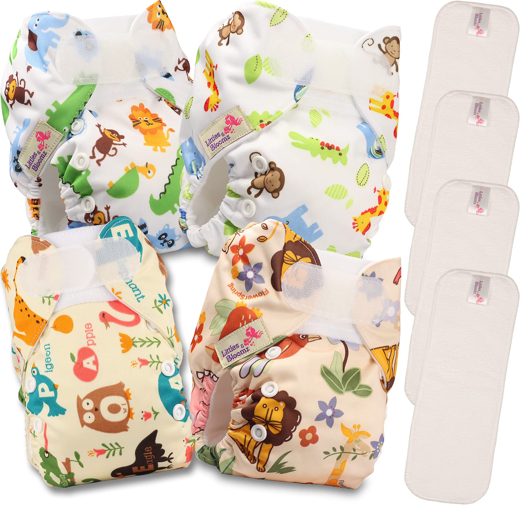 Littles & Bloomz Pocket Wiederverwendbare Babywindeln, Frühchen, 4 Windeln, 4 Mikrofaser-Einsätze, NB-406MF4