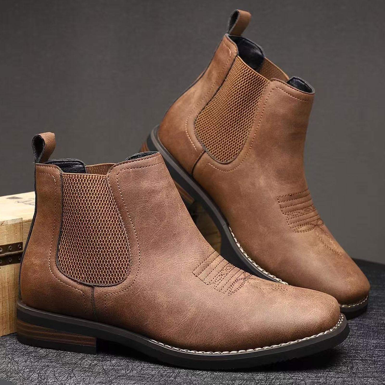 Chelsea Bottes de cowboy pour homme, bout carré élastique, bottines pour robe décontractée, bottines occidentales courtes Chelsea pour homme