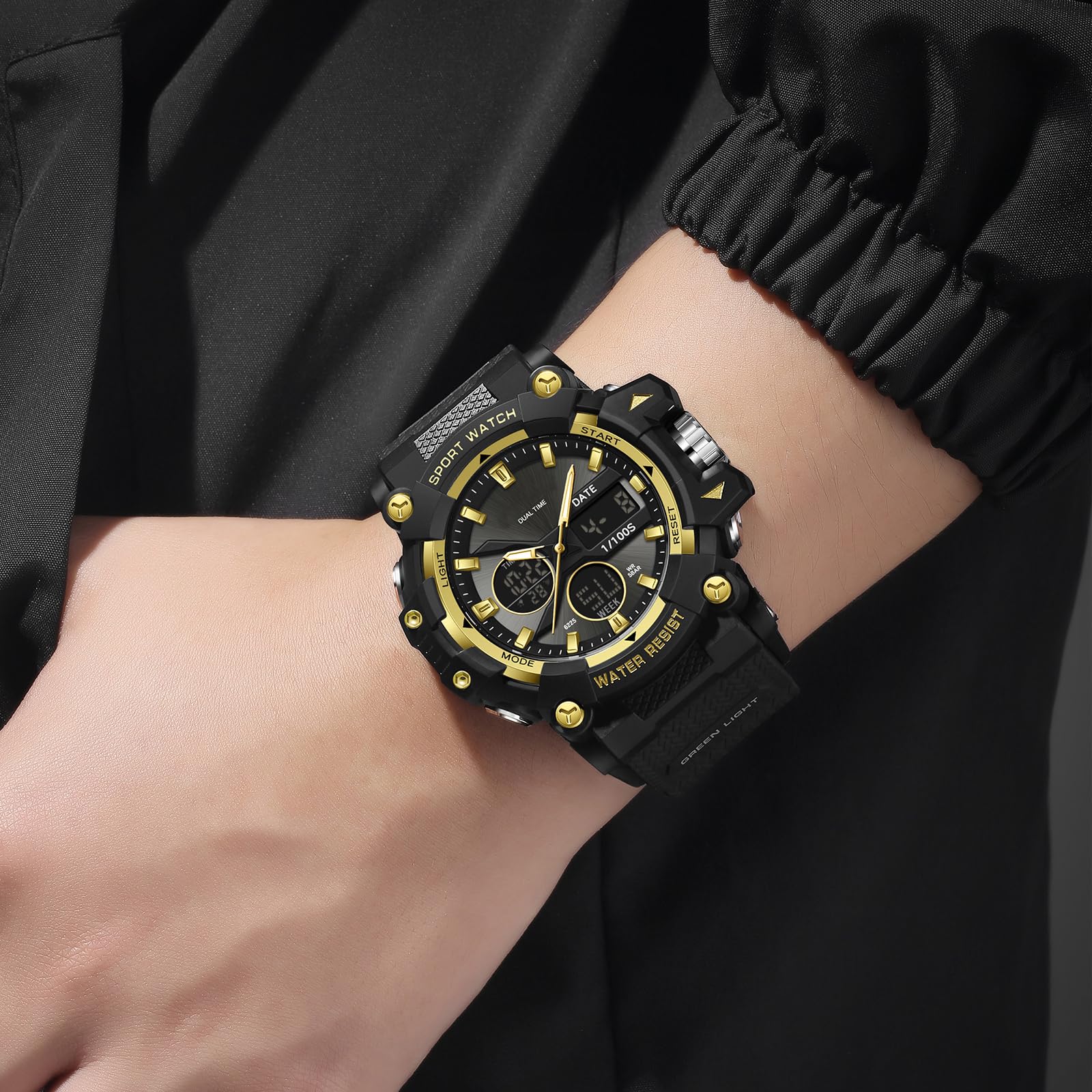 findtime Montre de sport pour homme avec date, analogique, numérique, rétro-éclairage LED, étanche, doré, Décontracté