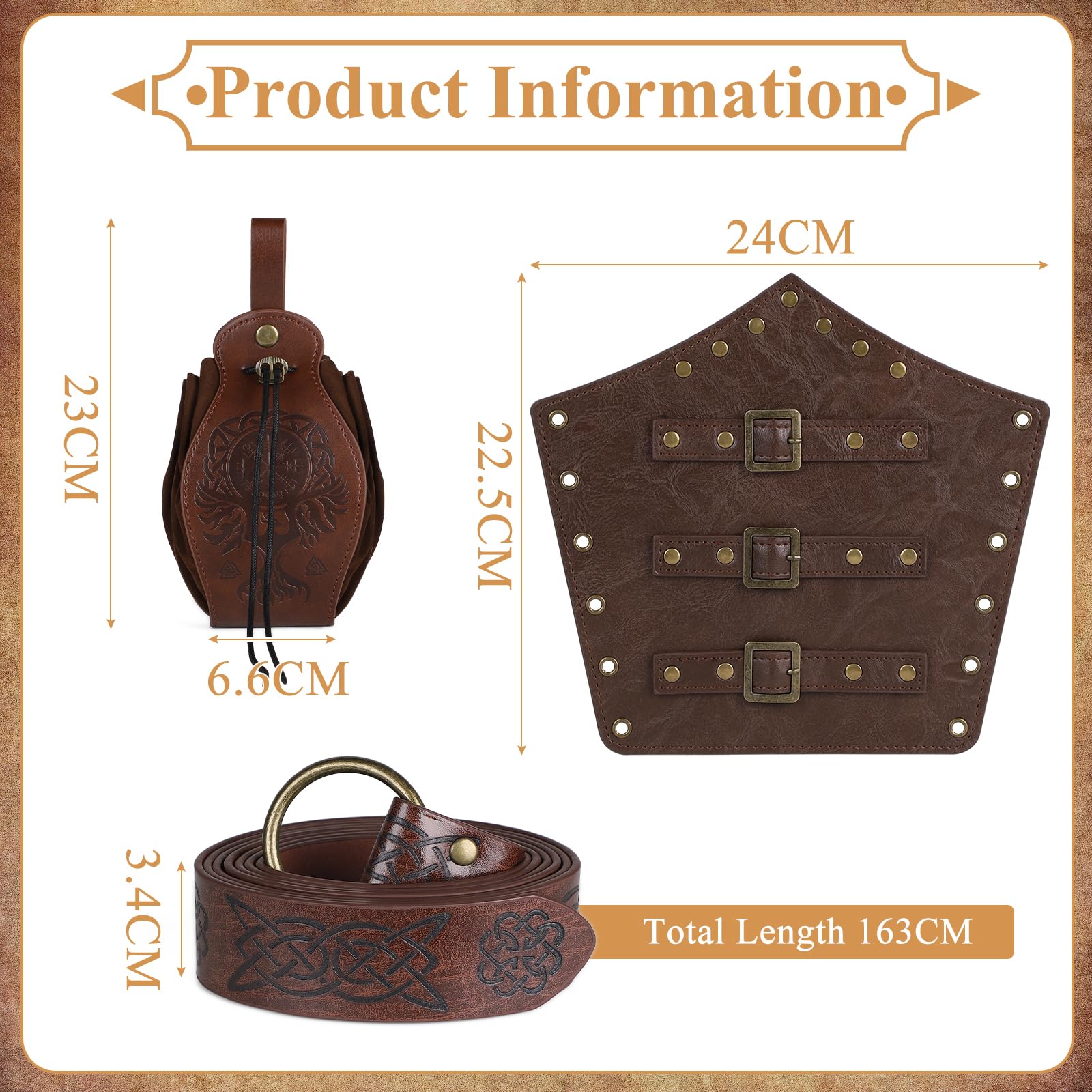 SWAWIS Set di Accessori per Abbigliamento Medievale, Medievale e Borsa da Cintura, Protezione per i Gomiti, Accessori per Costumi Vichinghi per Cosplay Halloween Wizard Witch