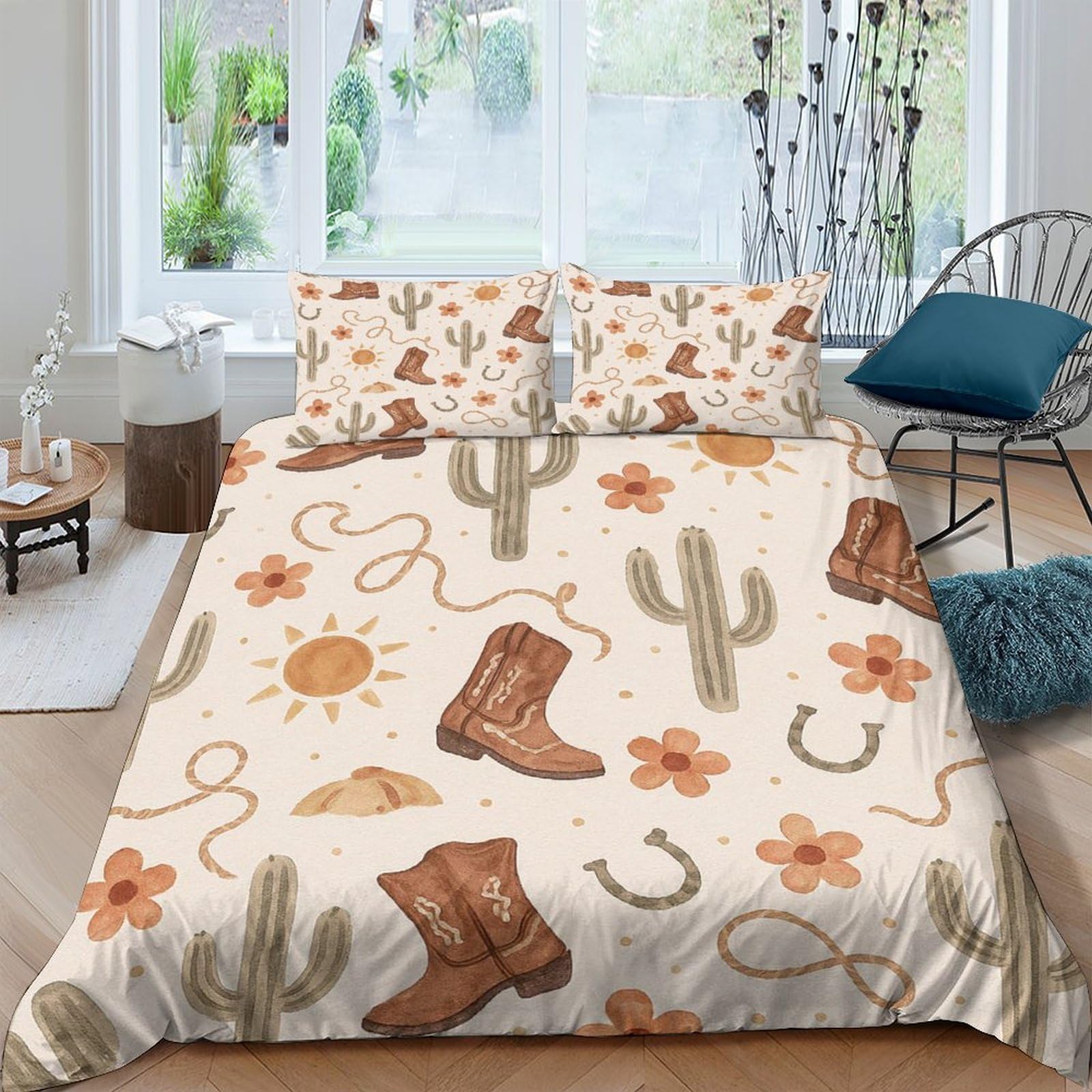 Ctjqhvkz Style-8 3D Printed Western Cowboy Fitted Sheet Microfiber Beige Cactus Boots Bed Sheet Bedroom Guest Room Decor Single（135X200cm）