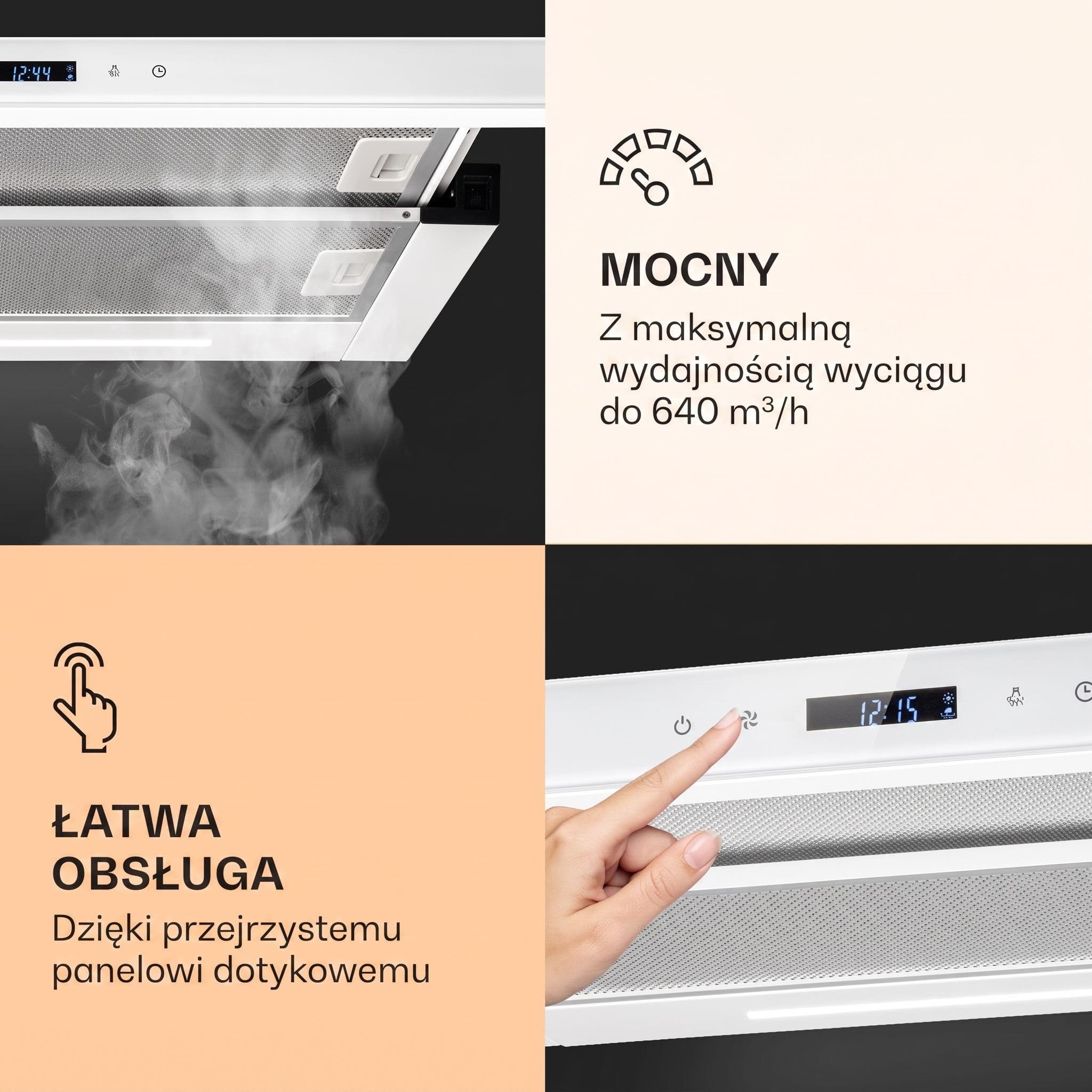 Klarstein Mariana Neo 60 Okap kuchenny, 60 cm, Klasa A, 640 m³/h, Recyrkulacja i wyciąg, Wyświetlacz LC, Timer, Panel dotykowy, LED, Okap teleskopowy płaski, podszafkowy, Front szklany, biały