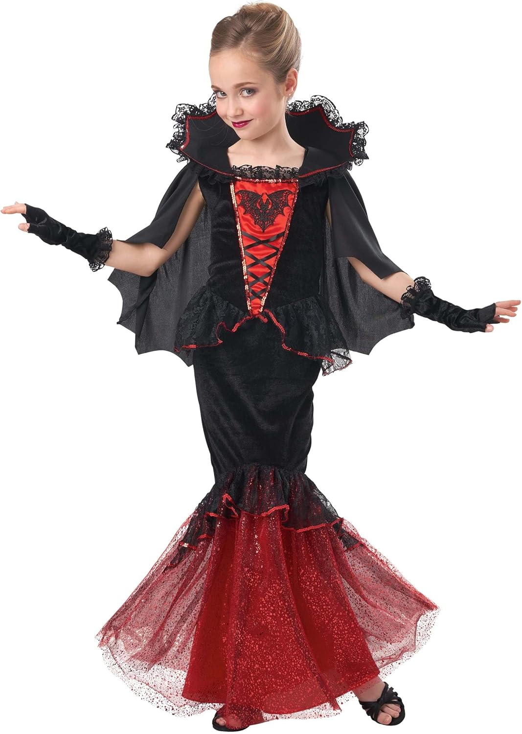 Darling Dracula Costume for Girl's - Kid's Vampire Costume Dress - Child Vampiress Dress, Cape & Gloves