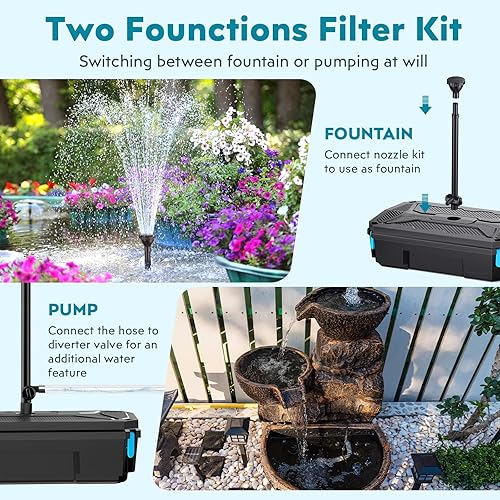 Miniatura 4 de POPOSOAP Filtro solar de estanque de 55 W con bomba de fuente, bomba de agua con filtro de estanque de 580 GPH para estanques al aire libre con