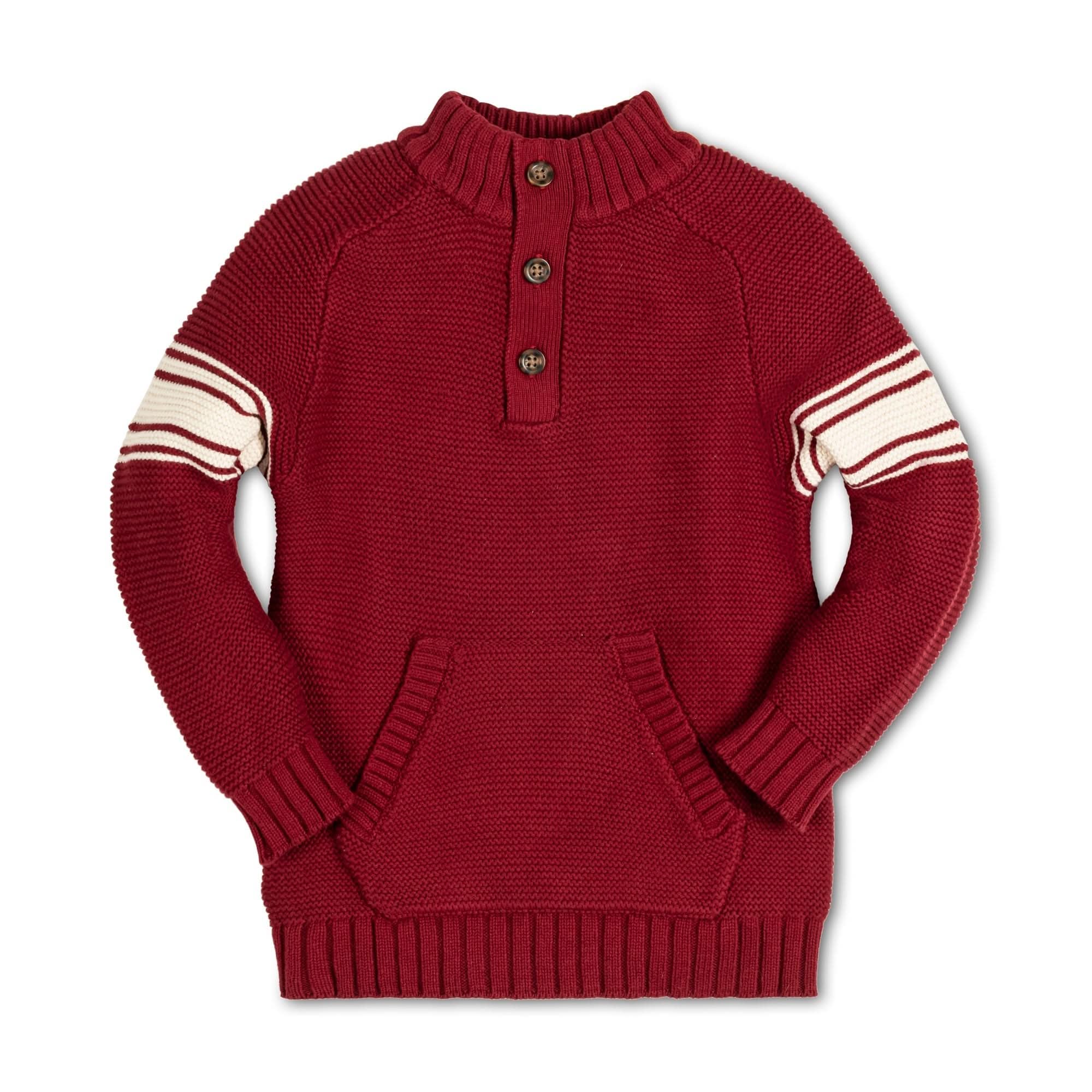 Hope &amp; Henry Boys' Long Sleeve Mock Neck Raglan Sweater with Kanga Pocket, Large, Dark Red with Sleeve Stripes