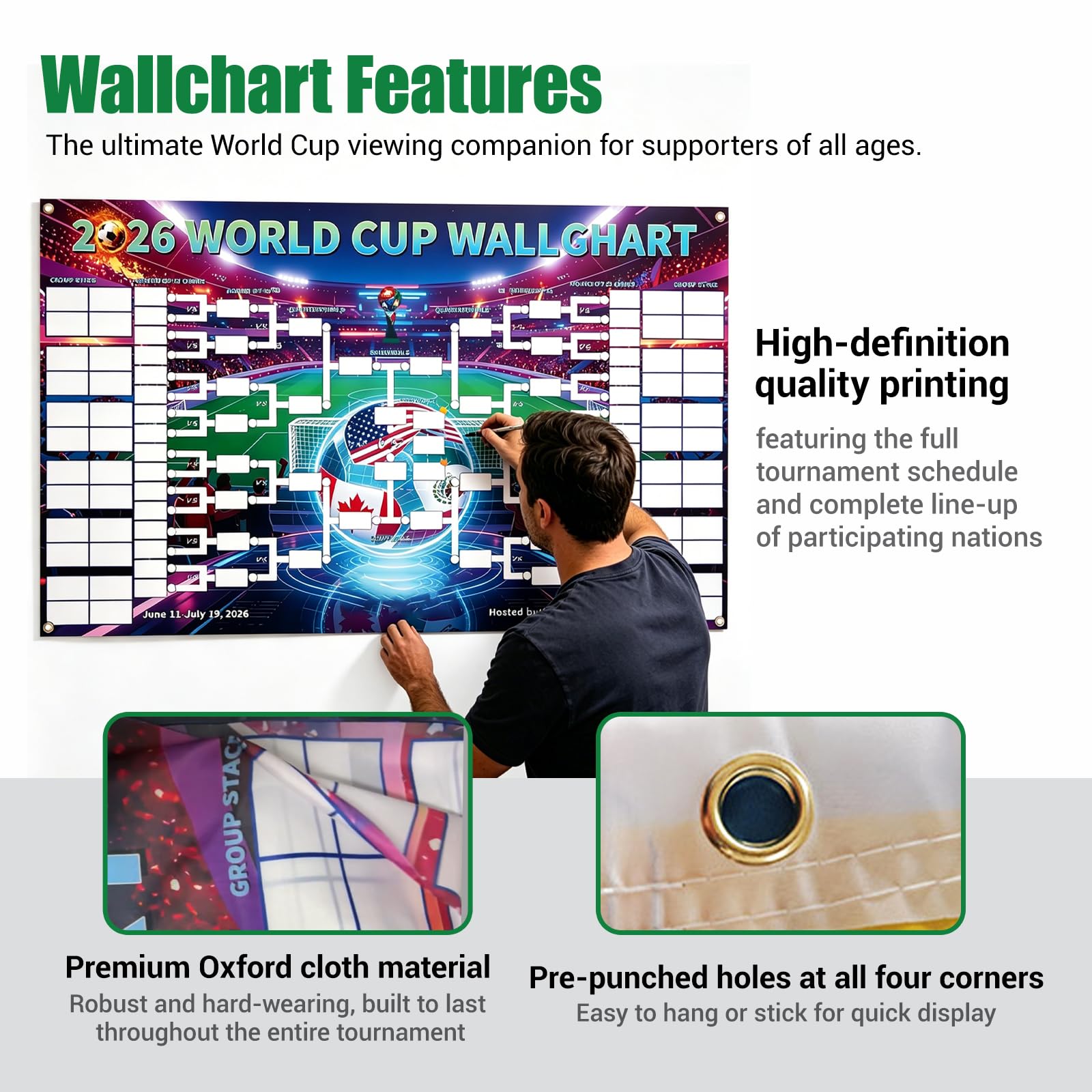 180 * 110cm Poster con il calendario dei Mondiali Calendario 2026 Poster Della Coppa Del Mondo Per Gli Appassionati Di Calcio E Feste Ganci inclusi