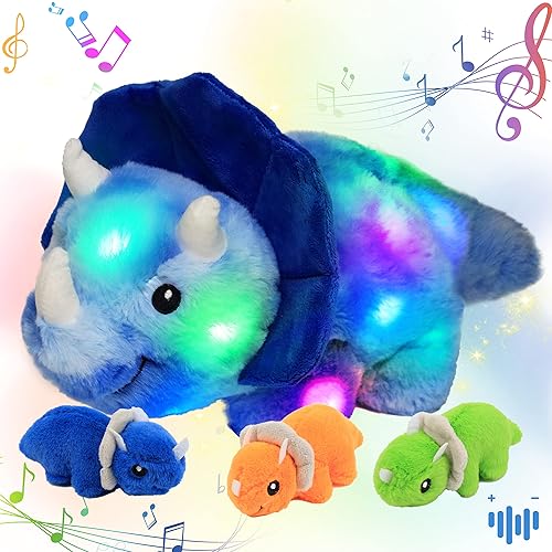 Hopearl Juego de dinosaurio de peluche musical con luces LED, juguete de peluche para mamá Triceratops con 3 bebés en su barriga, volumen ajustable,