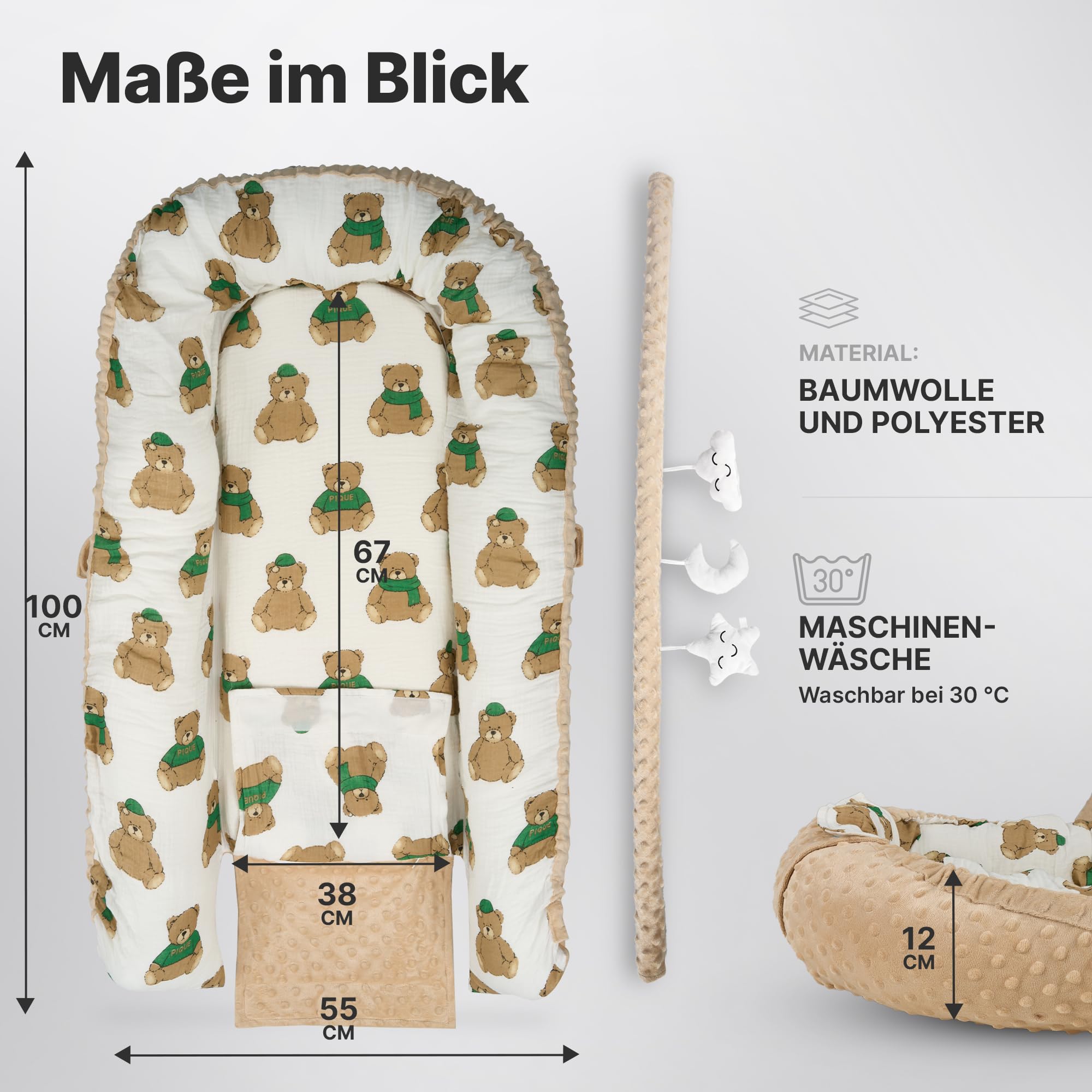 Babynest [inkl. Spielbogen] Baby Nestchen aus OEKOTEX Stoffen, Babynestchen für Neugeborene, Kuschelnest für Mädchen und Jungen | Beige & Bären (Beige mit Bären)