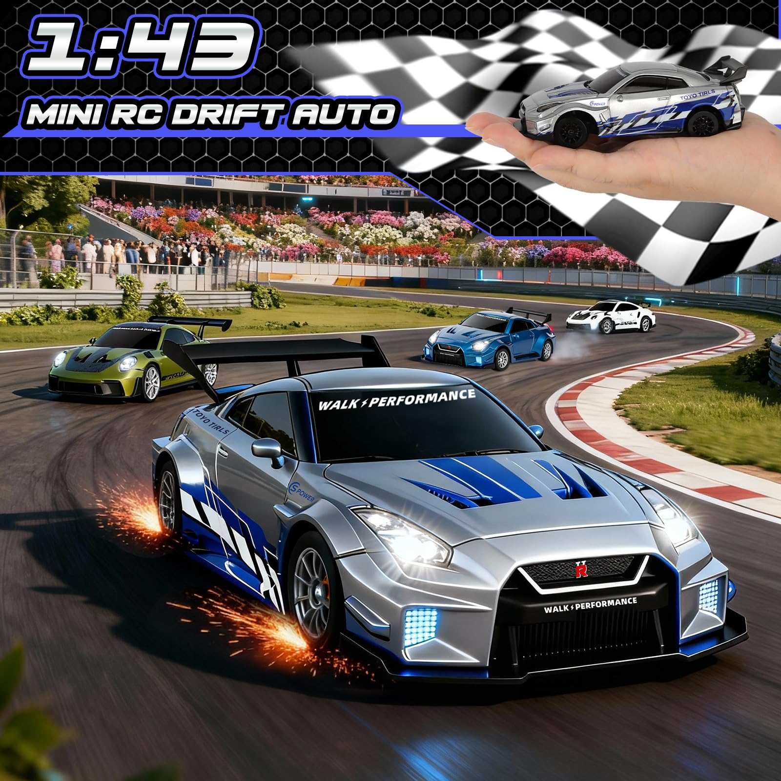 YOOHBERRYS Mini RC Drift Car Pro, 1:43 Frngesteuert Drift Auto, 4WD Tabletop Drift RC Car, Ferngesteuertes Auto mit Gyro, 15 km/h, Spielzeugauto für Kinder ab 14 Jahre (Grau)