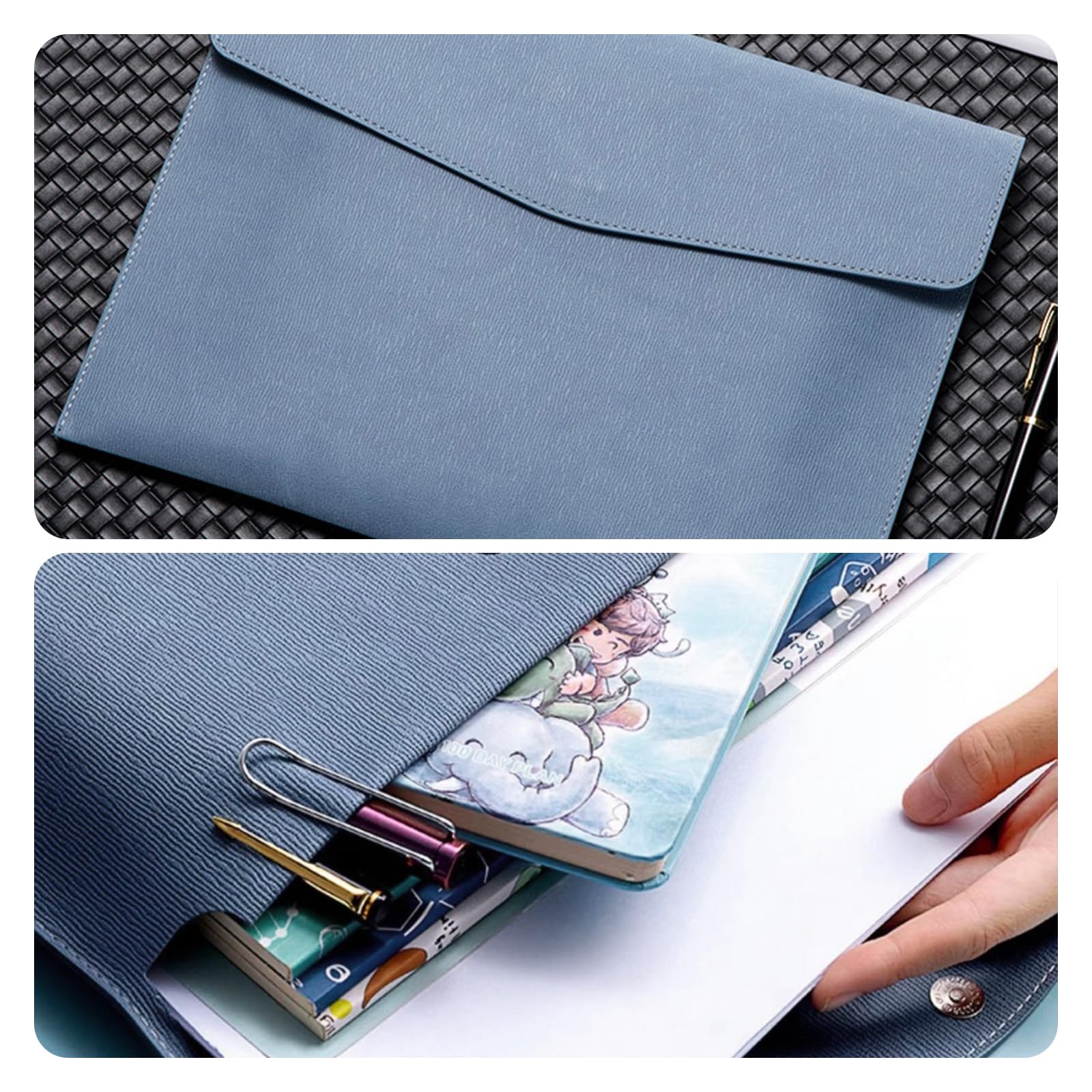 Skyzone Cartera de Documentos A4 en Cuero PU, Organizador Bolsas de Documentos de Viaje, Carpeta de Archivos Impermeable con Cierre a Presión, Estuche de Portafolios de Sobres (Azul)
