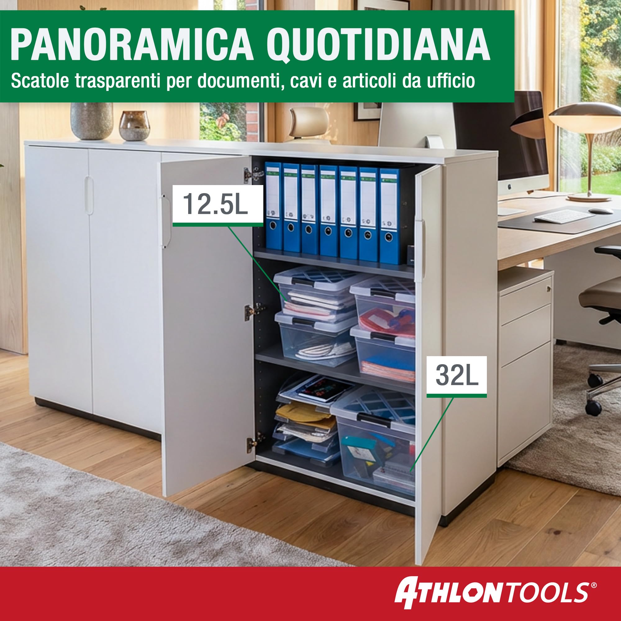 ATHLON TOOLS 4x 12,5L Scatole Plastica Trasparente con Coperchio – Contenitori Impilabili con Clip di Chiusura – Adatte per Alimenti – 100% Materiale Nuovo – Organizer Casa Cucina Ufficio Garage