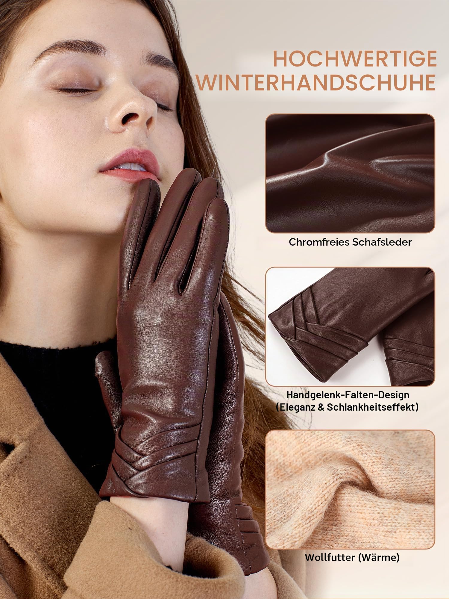 GSG SINCE 1998 Lederhandschuhe Damen aus chromfreiem Lammfell, Gefüttert mit Wolle/Kunstfell, Thermo Handschuhe mit Touchscreen W13150